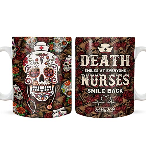 64HYDRO 11oz Sugar Skull Nurse Ceramic Coffee Mug - Full Color Insulated Cup for Hot & Cold Drinks - Unique Gift for Nurses, Medical Professionals & Healthcare Workers - Perfect for Hospitals, Clinics & Home Use