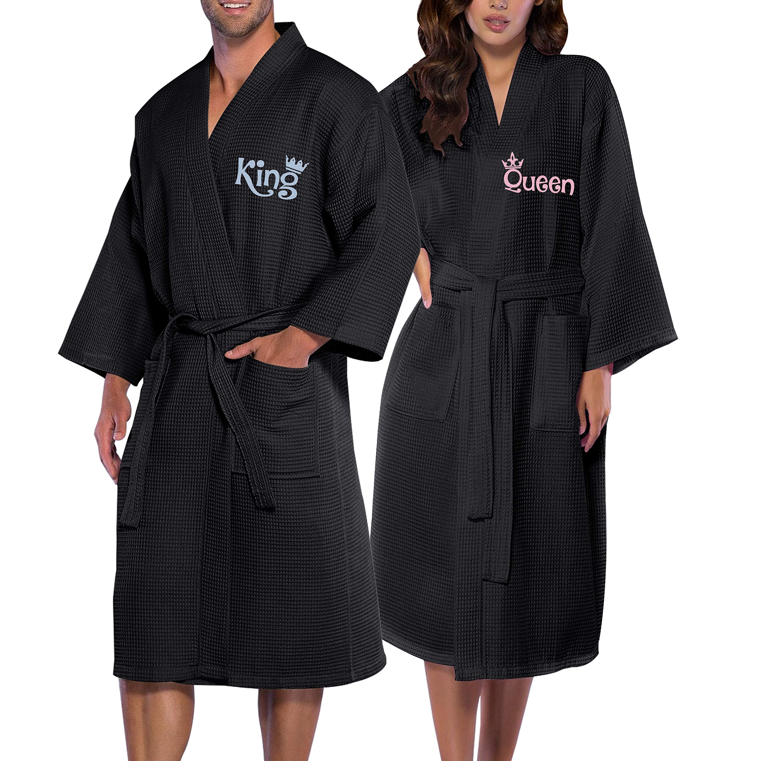 NACRE APPAREL Embroidered Cotton Waffle Robe for Men & Women - Queen/King Size Couples Bathrobe with Spa Kimono Design - Perfect for Honeymoon, Hotel Stay, Bridal Shower, and Relaxing at Home