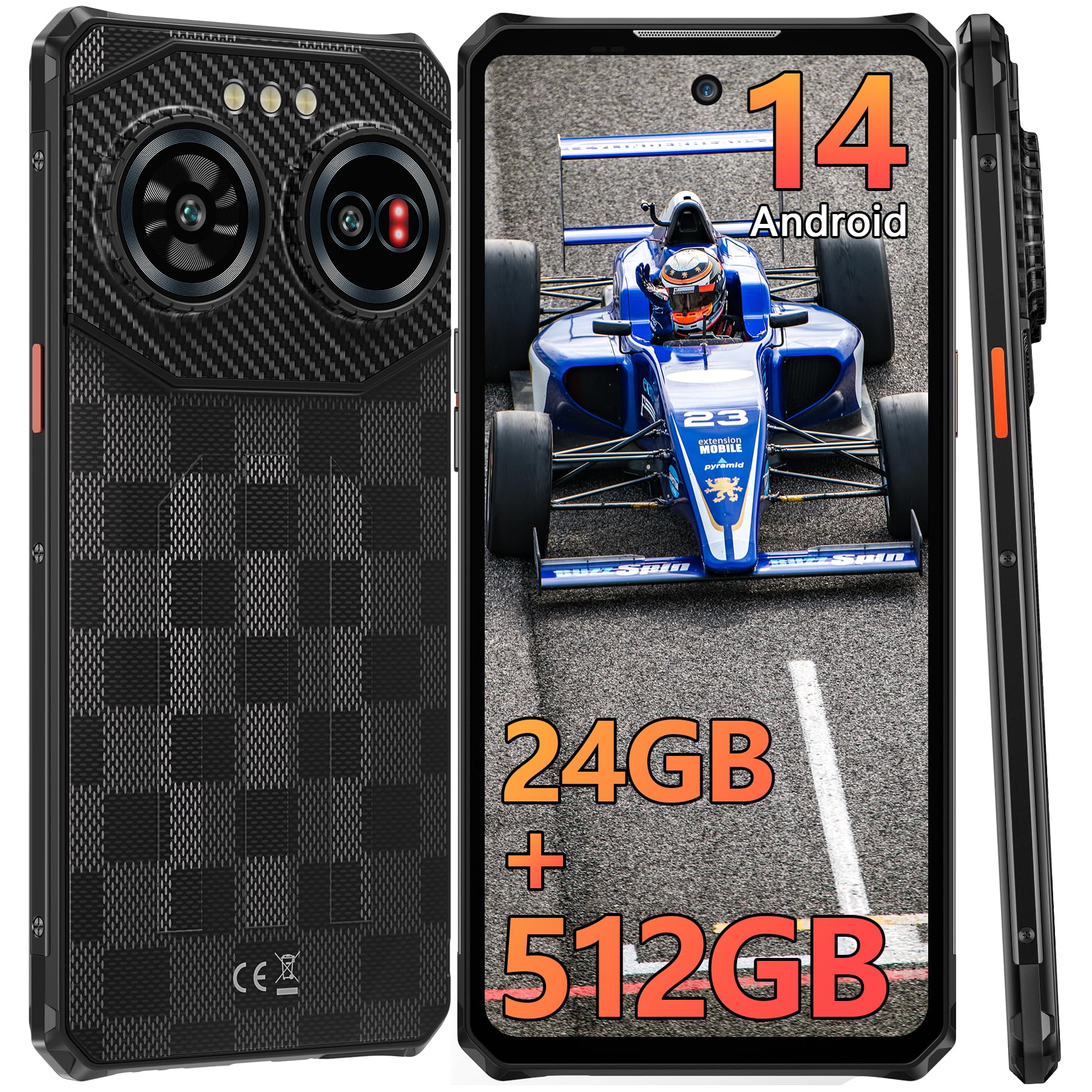 Air3 Rugged Smartphone Unlocked - 24GB RAM + 512GB Storage, 6.6'' Dynamic Island Display, 100MP+32MP+20MP Triple Camera, 5000mAh Battery with 30W Fast Charging, 4G Dual SIM Android 14 Phone, IP68/69K Waterproof, NFC, GPS - Perfect for Outdoor Adventures, Construction Work & Extreme Sports