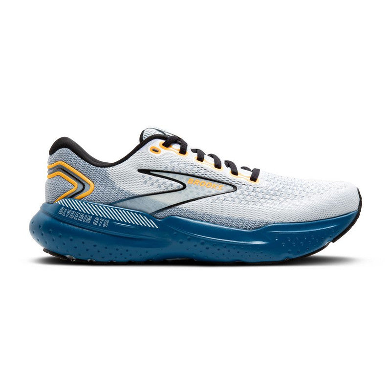 Men's Brooks Glycerin GTS 21 Running Shoes - White/Sapphire/Orange - Size 13 D Medium - Premium Cushioned Support for Road Running & Jogging