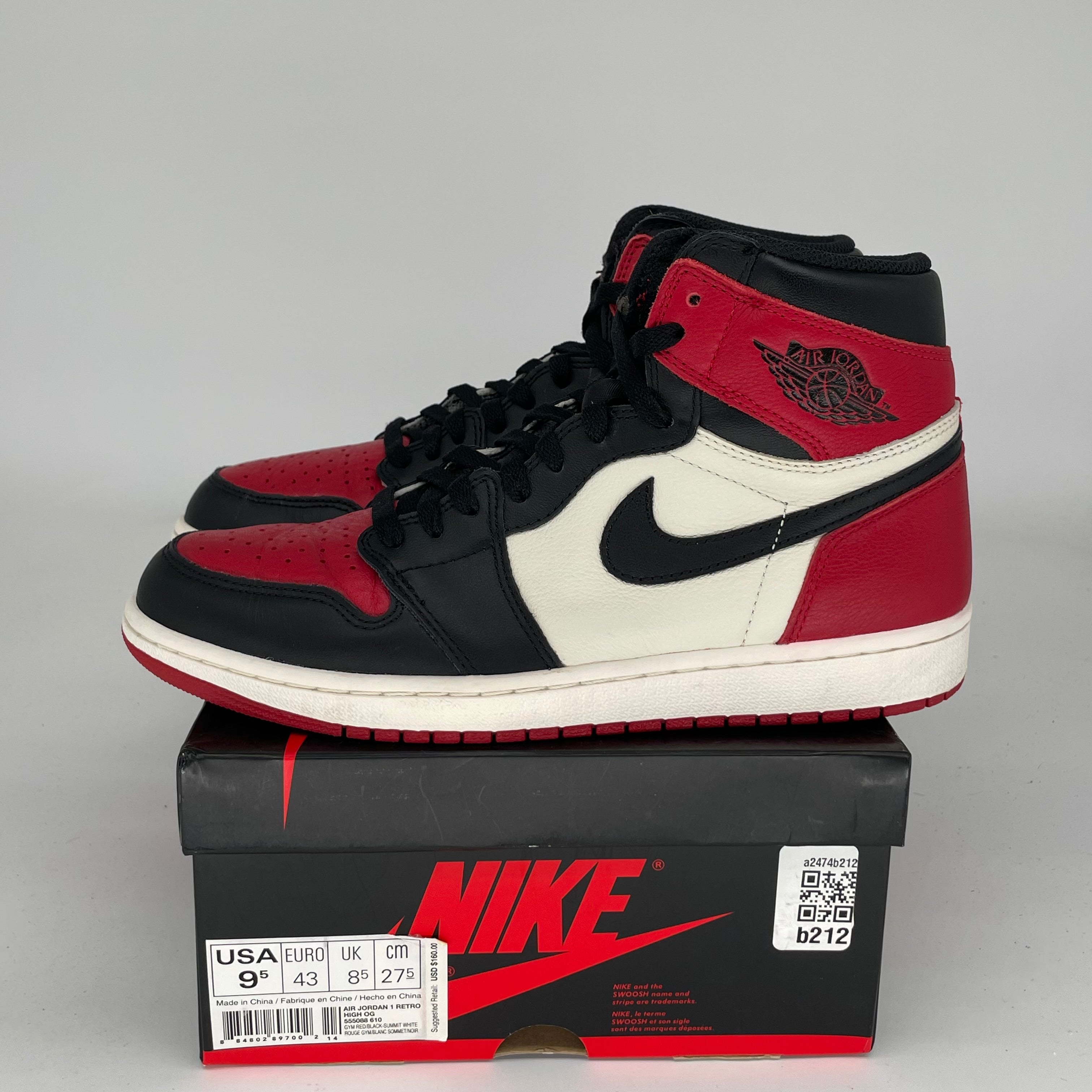 AIR JORDAN 1 BRED TOE Men's Basketball Shoes Size 9.5 - Style 555088-610 | Authentic Retro High Tops for Sneaker Collectors & Streetwear Fashion - Perfect for Basketball, Casual Wear & Sneakerhead Collections