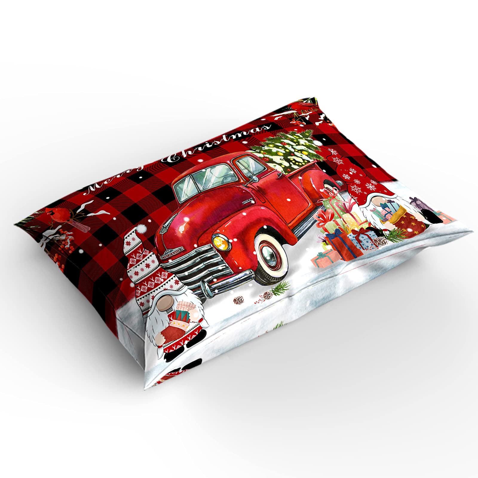 3-Piece Christmas Gnome Truck Duvet Cover Set Queen - Red Buffalo Plaid Cardinals Design with 2 Pillowcases - Cozy Holiday Bedding for Kids, Teens & Adults - Perfect for Winter Bedrooms, Guest Rooms & Christmas Decorations
