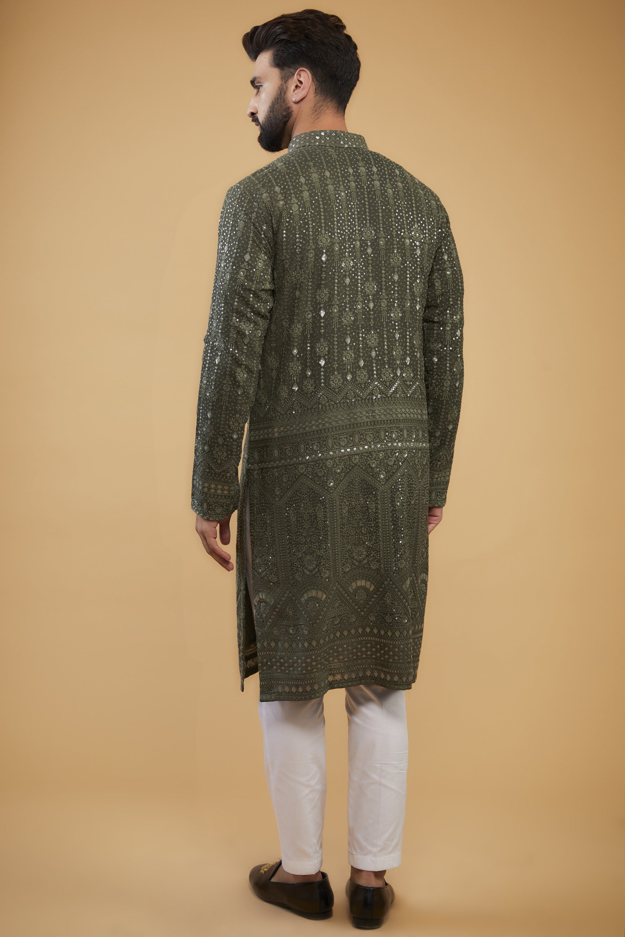 Military Green Sequined Kurta with Detailed Embroidered Border - Elegant Ethnic Wear for Parties, Weddings & Festive Occasions
