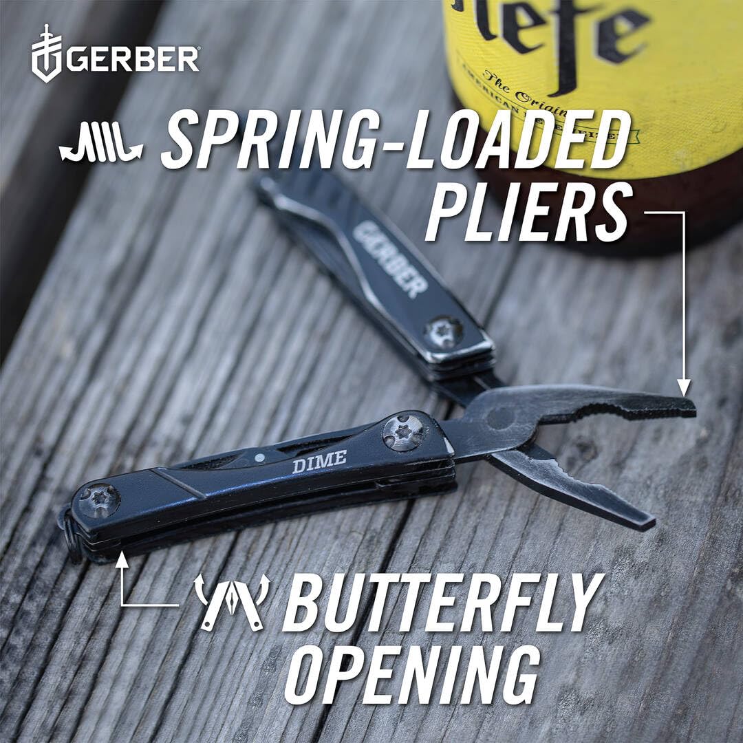 Gerber Gear Dime 12-in-1 Mini EDC Multitool with Needle Nose Pliers, Pocket Knife & Bottle Opener - Compact Keychain Multitool for Men - Perfect for Camping, Hiking & Everyday Carry (Black)