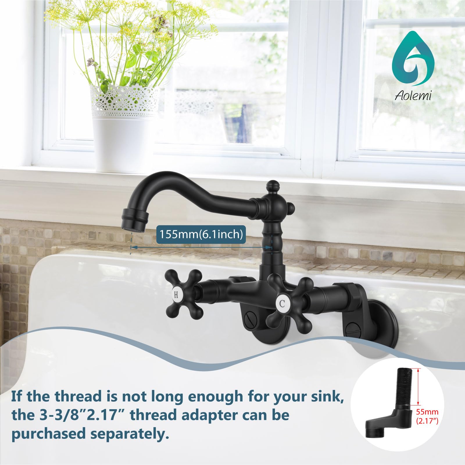 Aolemi Matte Black Wall Mount Kitchen Faucet with 2 Cross Handles & 6