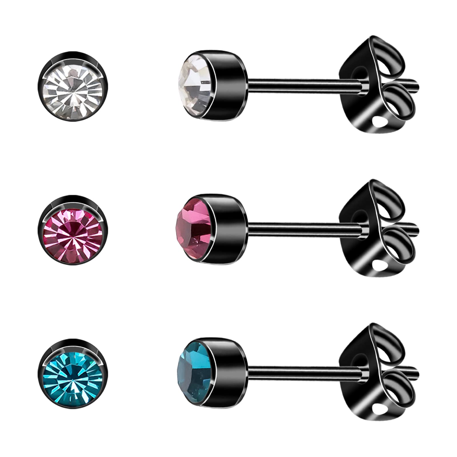 3 Pairs Women's Hypoallergenic Titanium Stud Earrings - 4mm/5mm Crystal Jewelry Set in Silver, Black, Rose Gold & Gold Plated | Perfect Gift for Girls, Women & Men | Everyday Wear, Parties & Special Occasions