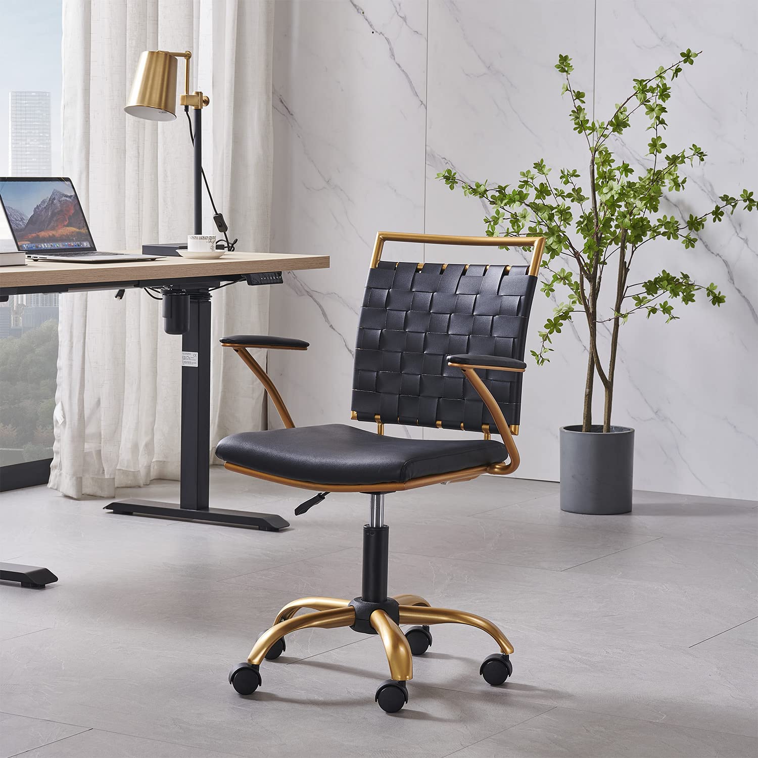 LUXMOD Ergonomic Vegan Leather Office Chair with Lumbar Support - Black & Gold Swivel Desk Chair for Home Office, Reception & Workspace - Comfortable Computer Chair for Back Pain Relief & Long Hours Sitting