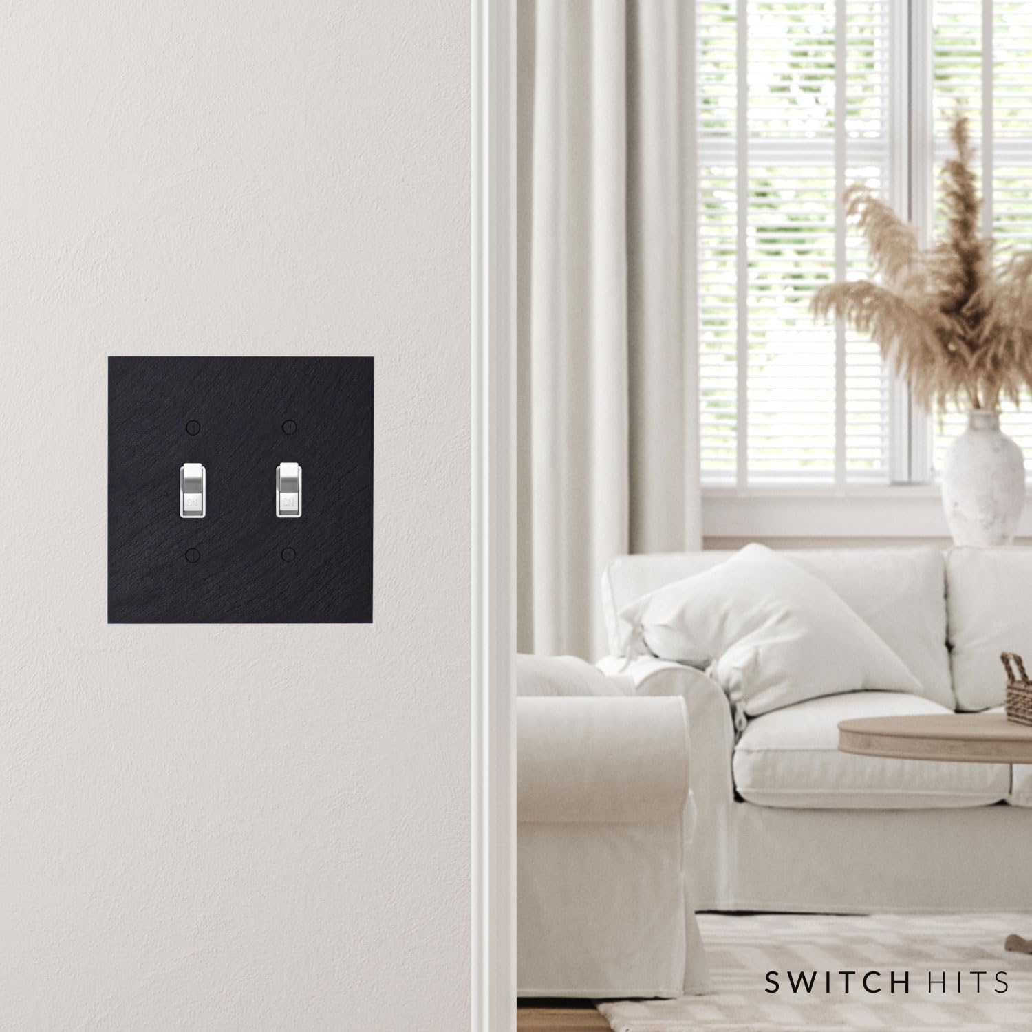 Electrical Switch Plate Outlet Wall Plate - 2 Toggle Double Light Switch Cover Faceplate - Decorative Vermont Slate Charcoal - Natural Earth Tone - 2 Gang, 5” W x 5” H - Perfect for Home, Office & Commercial Spaces - Durable & Stylish Wall Plate for Modern Interiors