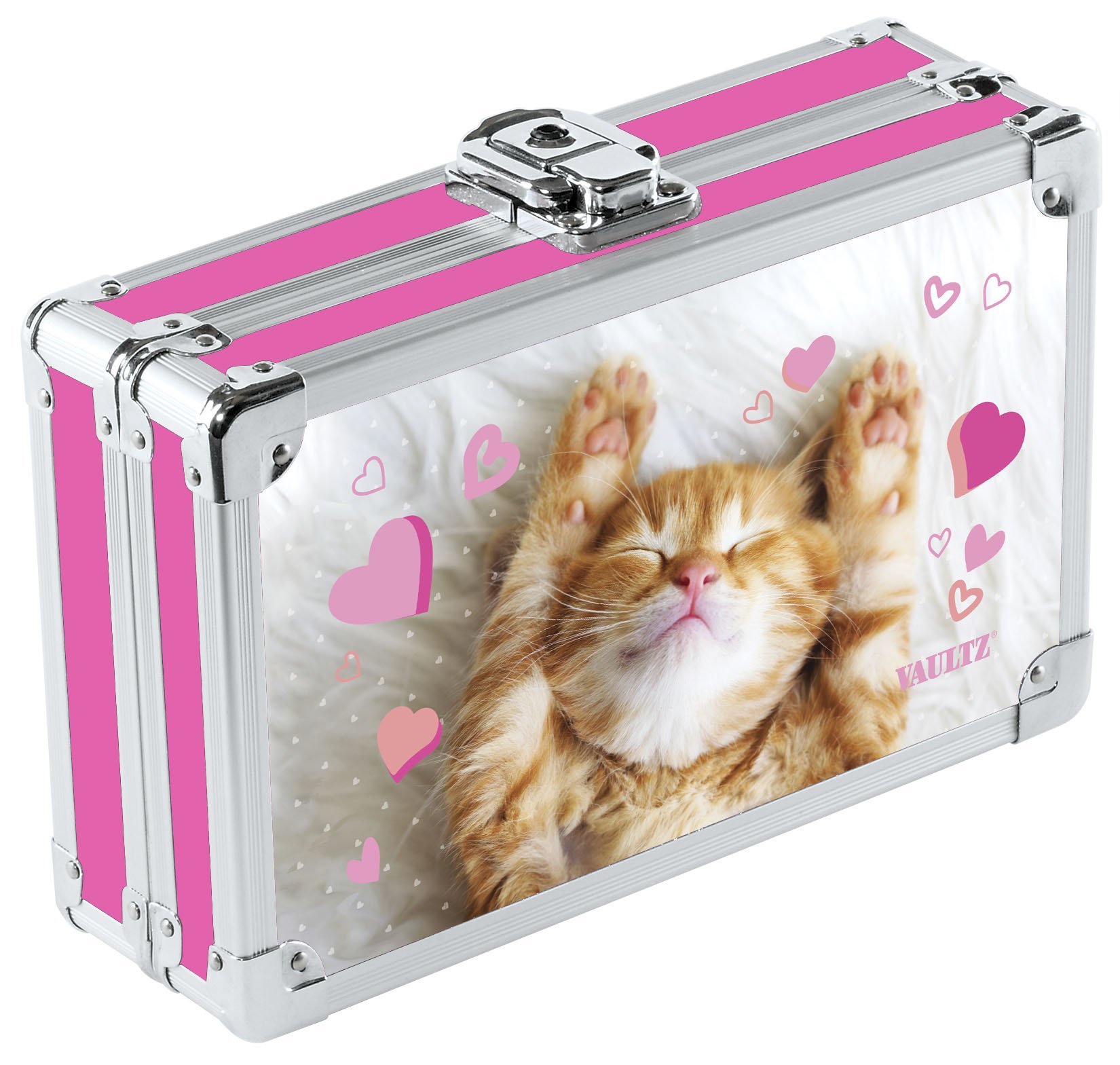 Vaultz Small Lock Box - 8.5 x 5 x 2.5 Inch Mini Safe with Key Lock for School Supplies, Money, Medicine & Valuables - Cute Love Kitten Design - Perfect for Home, Office, Dorm & Travel Security