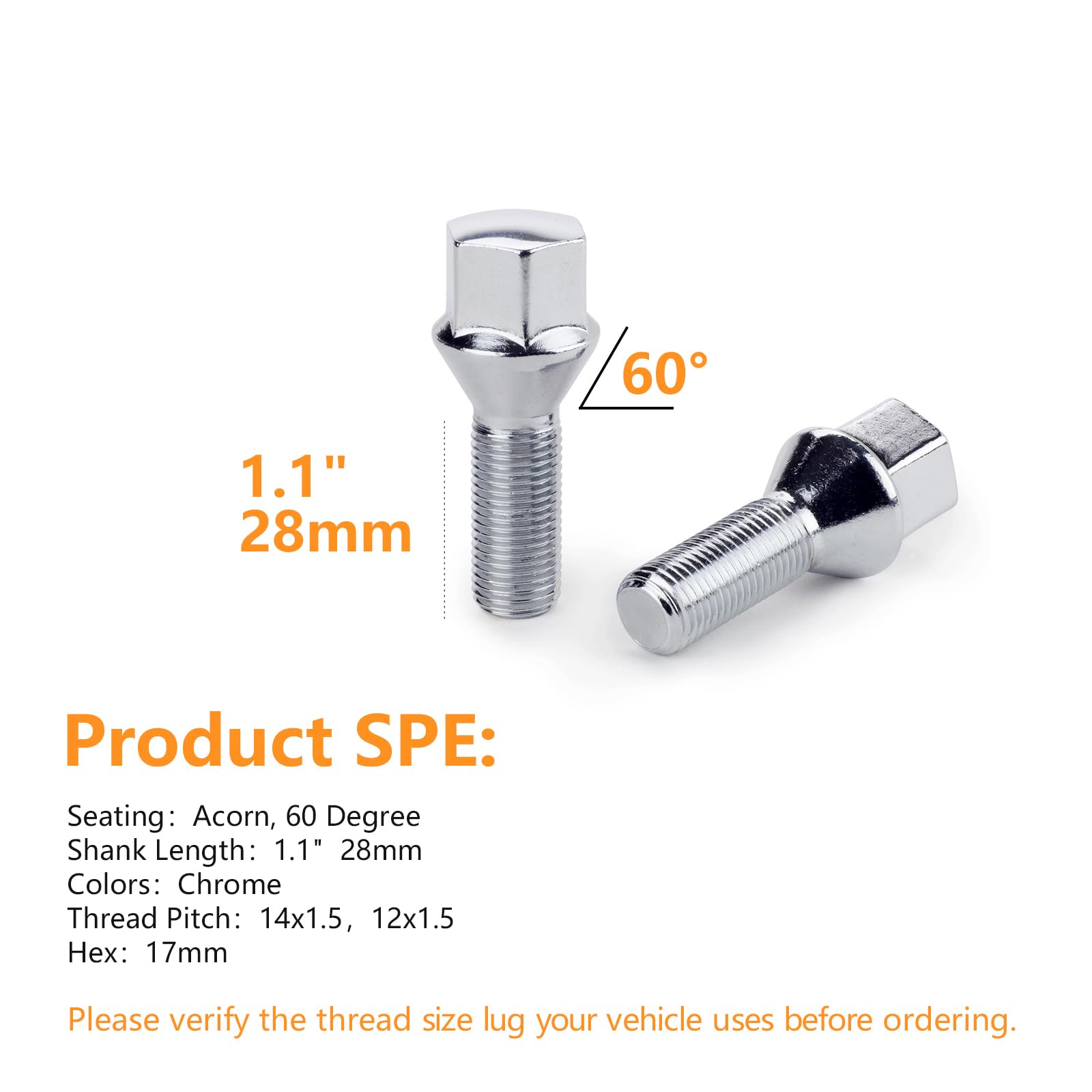 20 Pcs 14x1.5 Chrome Lug Bolts for Mercedes Wheels - 28mm Shank, 17mm Hex Fit - Perfect for Aftermarket Wheel Installation