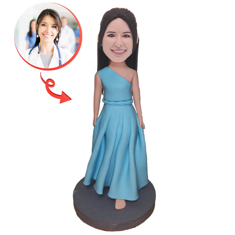 Custom Beautiful Girl in Blue Dress Bobblehead - Personalized Figurine Gift for Birthday, Wedding & Home Decor - Perfect for Collectors, Party Favors and Office Display