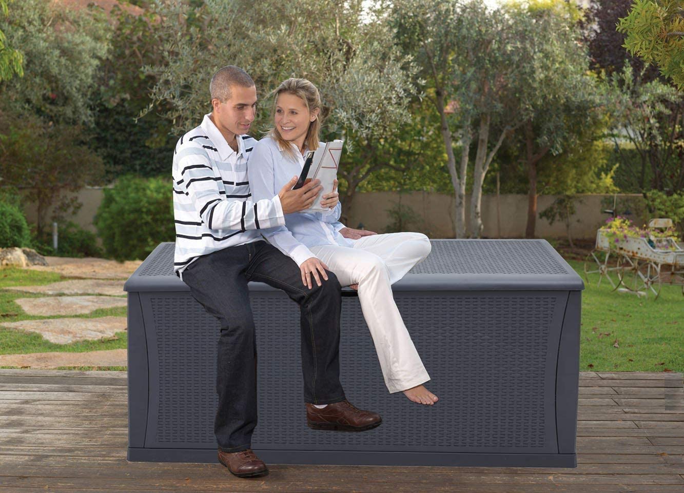 120 Gallon Outdoor Waterproof Deck Storage Box - Large Resin Patio Container for Pillows, Cushions, Toys & Garden Tools - Weatherproof Dark Grey Storage Solution for Backyard, Poolside & Patio Organization