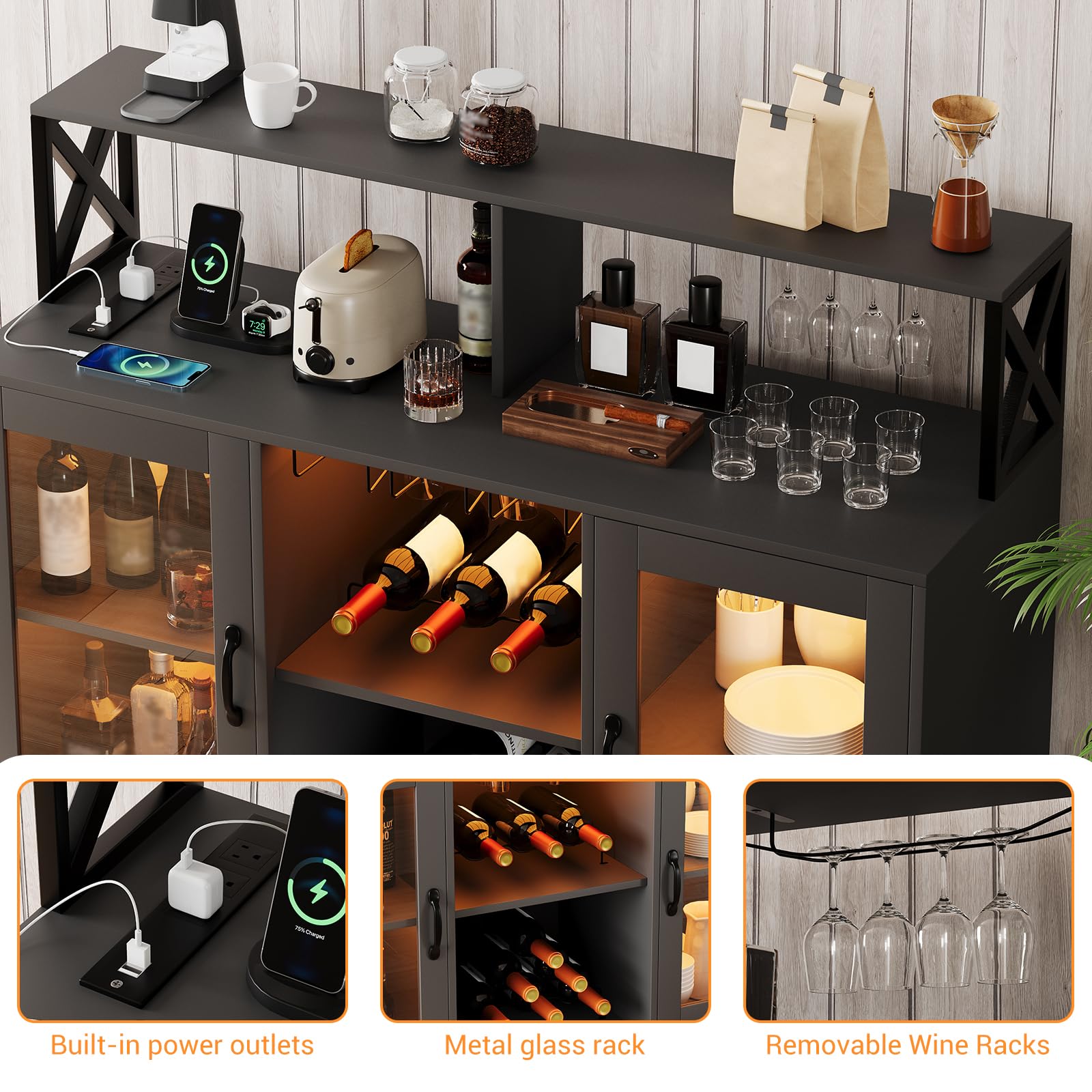 CuisinSmart Modern Bar Cabinet with Power Outlets & LED Lights - Wine Liquor Storage Cabinet with Glass Holder, Shelves for Kitchen, Dining Room, Home Bar - Perfect for Entertaining Guests & Home Decor