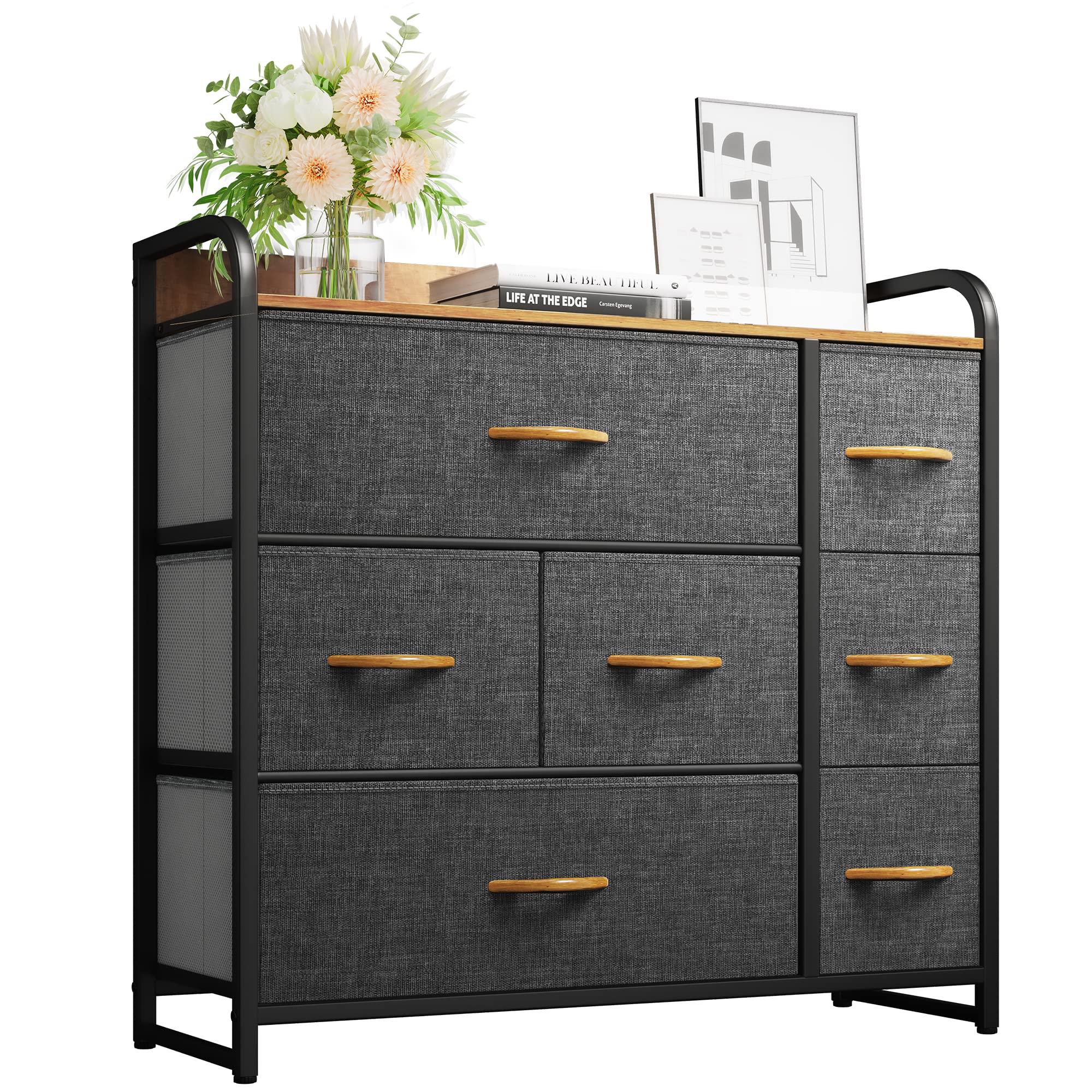 YITAHOME 7-Drawer Storage Dresser with Sturdy Steel Frame & Wooden Top - Fabric Bin Organizer for Bedroom, Living Room, Hallway & Closet - Easy Pull Drawers, Space Saving Furniture for Small Apartments & Dorm Rooms (Grey)