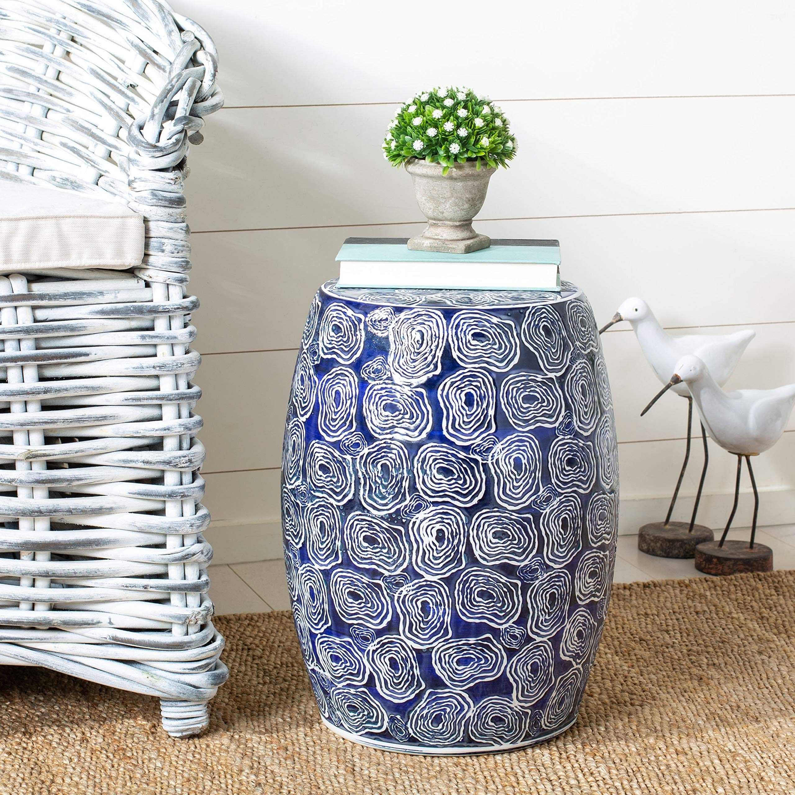 Bohemian Blue and White Ceramic Garden Stool - Indoor Outdoor Decorative Seat for Patio, Porch, and Garden Decor