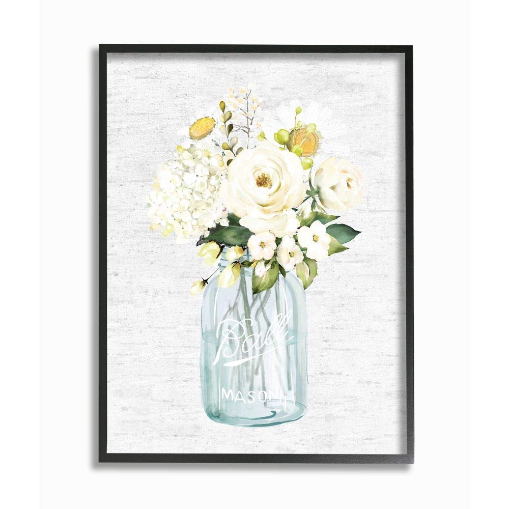 Stupell Industries Blue Jar Floral Bouquet Wall Art - 16x20 Black Framed Spring Flower Painting for Living Room, Bedroom & Office Decor | Designed by Lettered and Lined