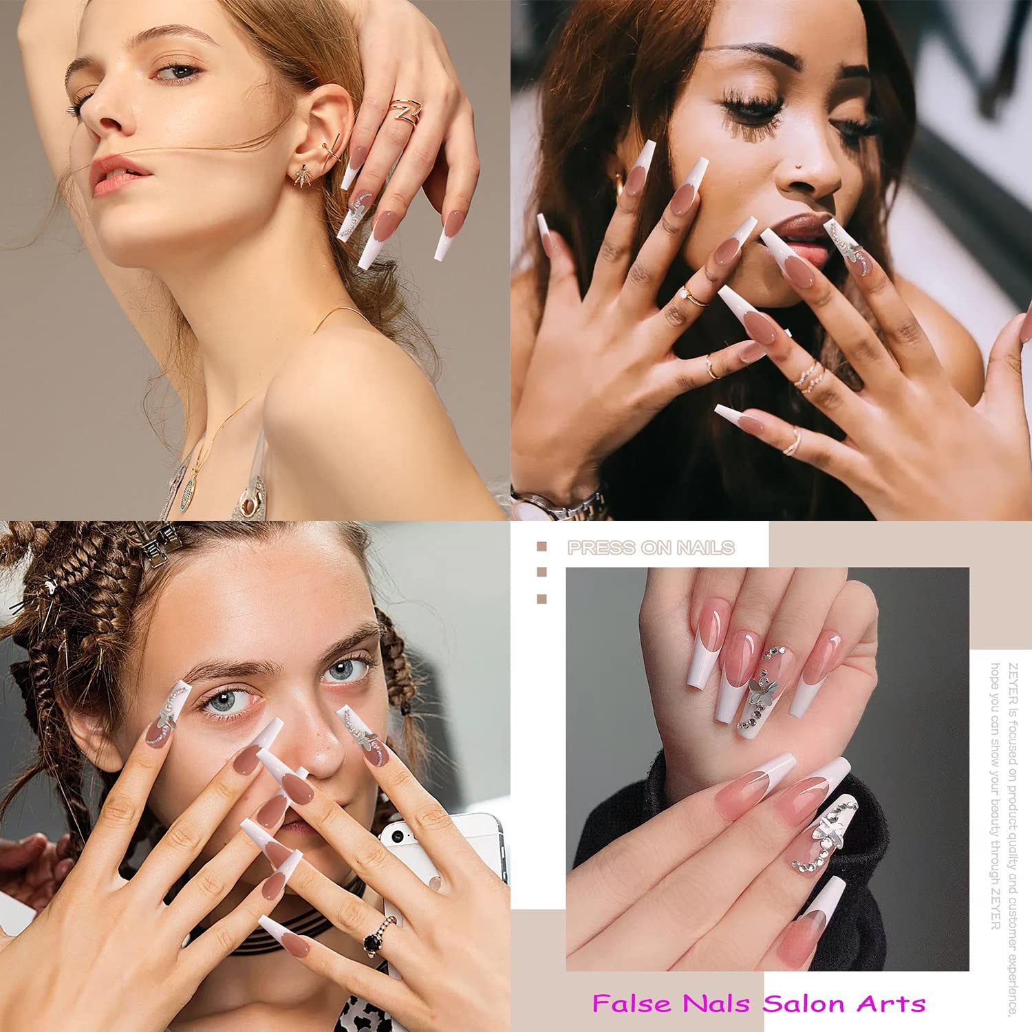 24 Pcs Long Press on Fake Nails - Acrylic Ballet French White with Butterfly Design, Self-Adhesive False Nails for Women & Girls | Perfect for Parties, Weddings, and Special Occasions