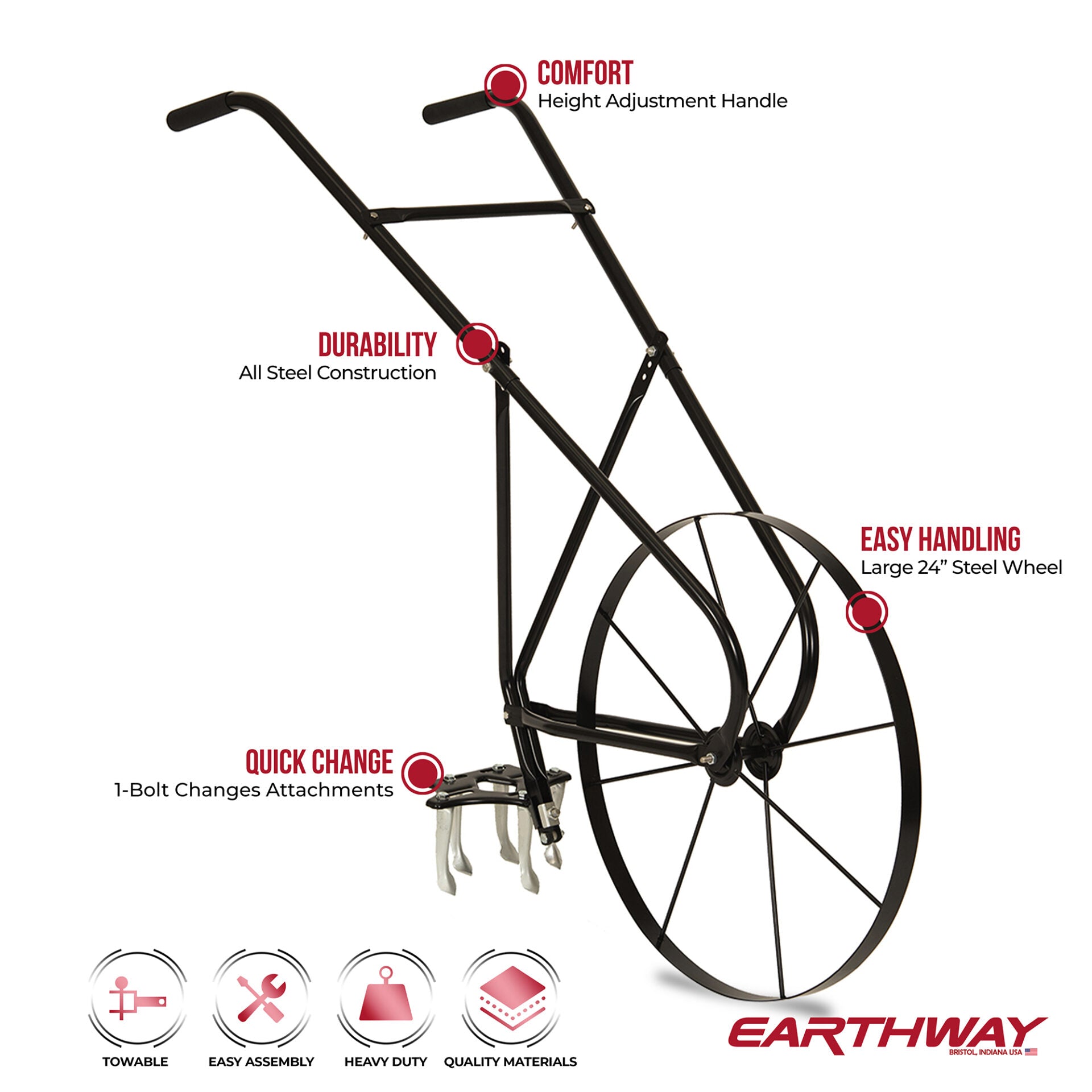 Earthway 6500 High Wheel Cultivator - 3 Position Adjustable Garden Tiller for Soil Cultivation | Ideal for Home Gardens, Landscaping & Vegetable Beds
