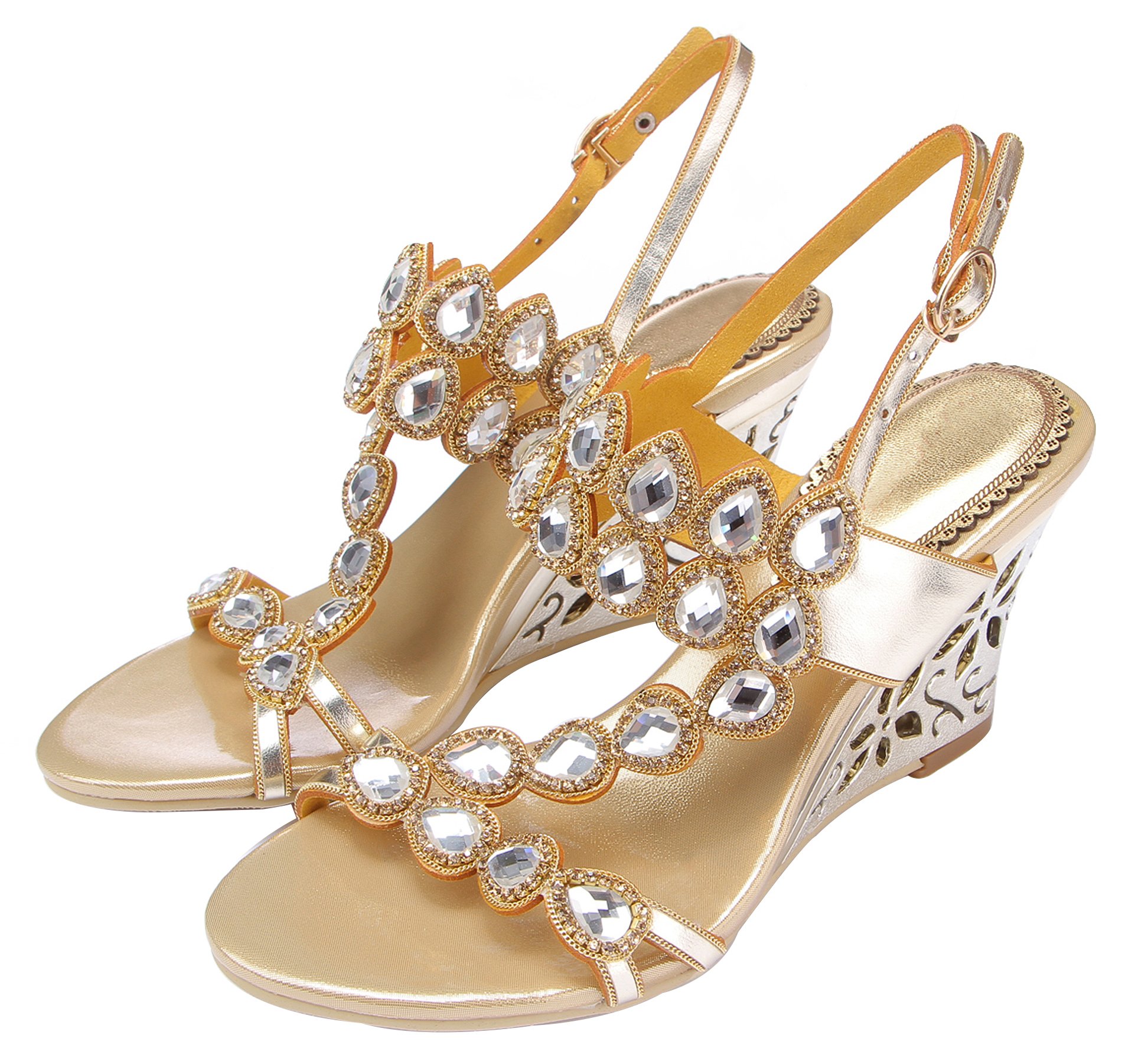 Honeystore Women's Rhinestone Strappy Wedge Sandals with Water Pattern - Comfortable Summer Beach Wedding Party Shoes