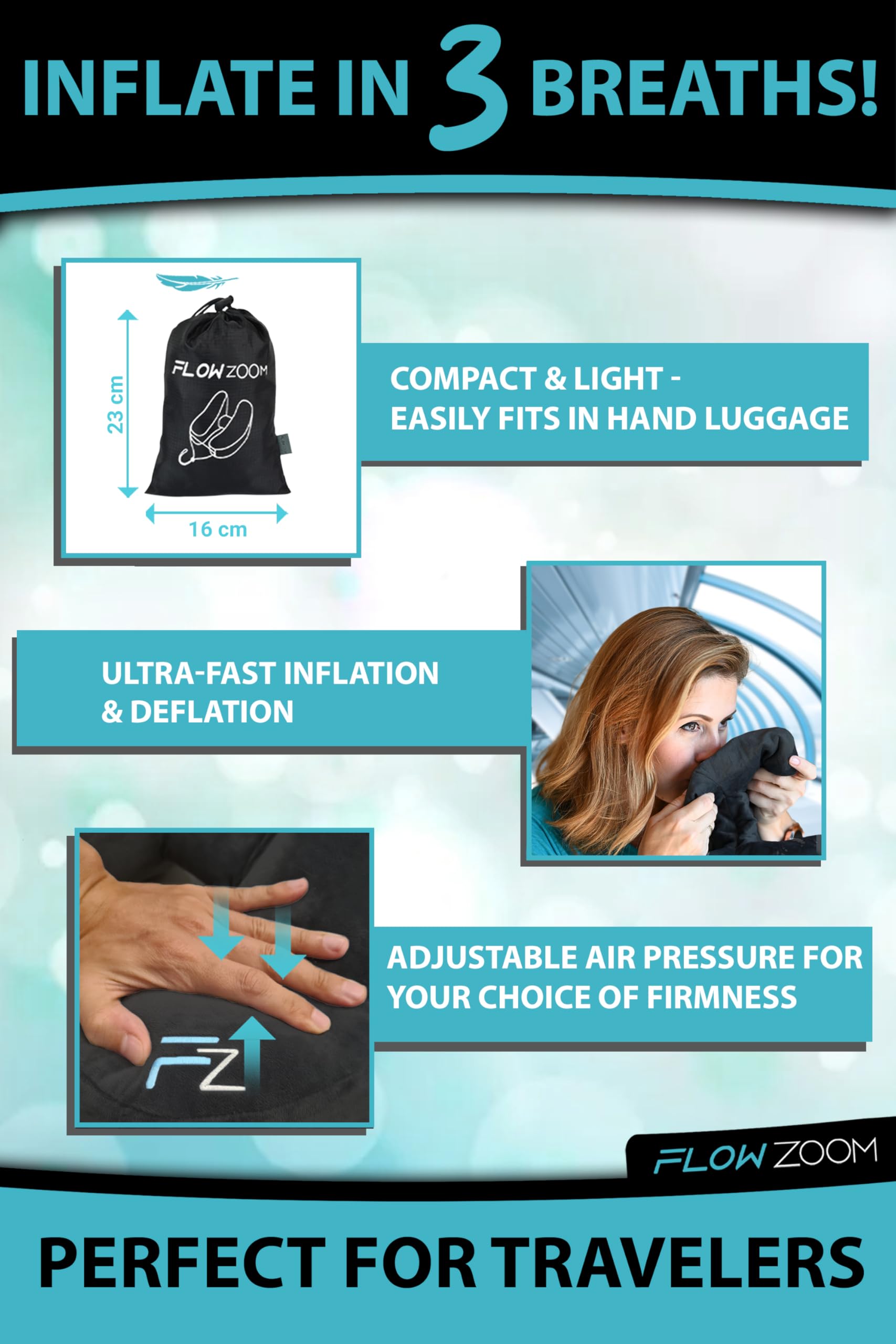 **Inflatable Travel Pillow for Airplanes - Adjustable Hooded Neck Pillow for Long Flights - Jet Black Size L - Perfect for Business Travel, Road Trips & Camping**