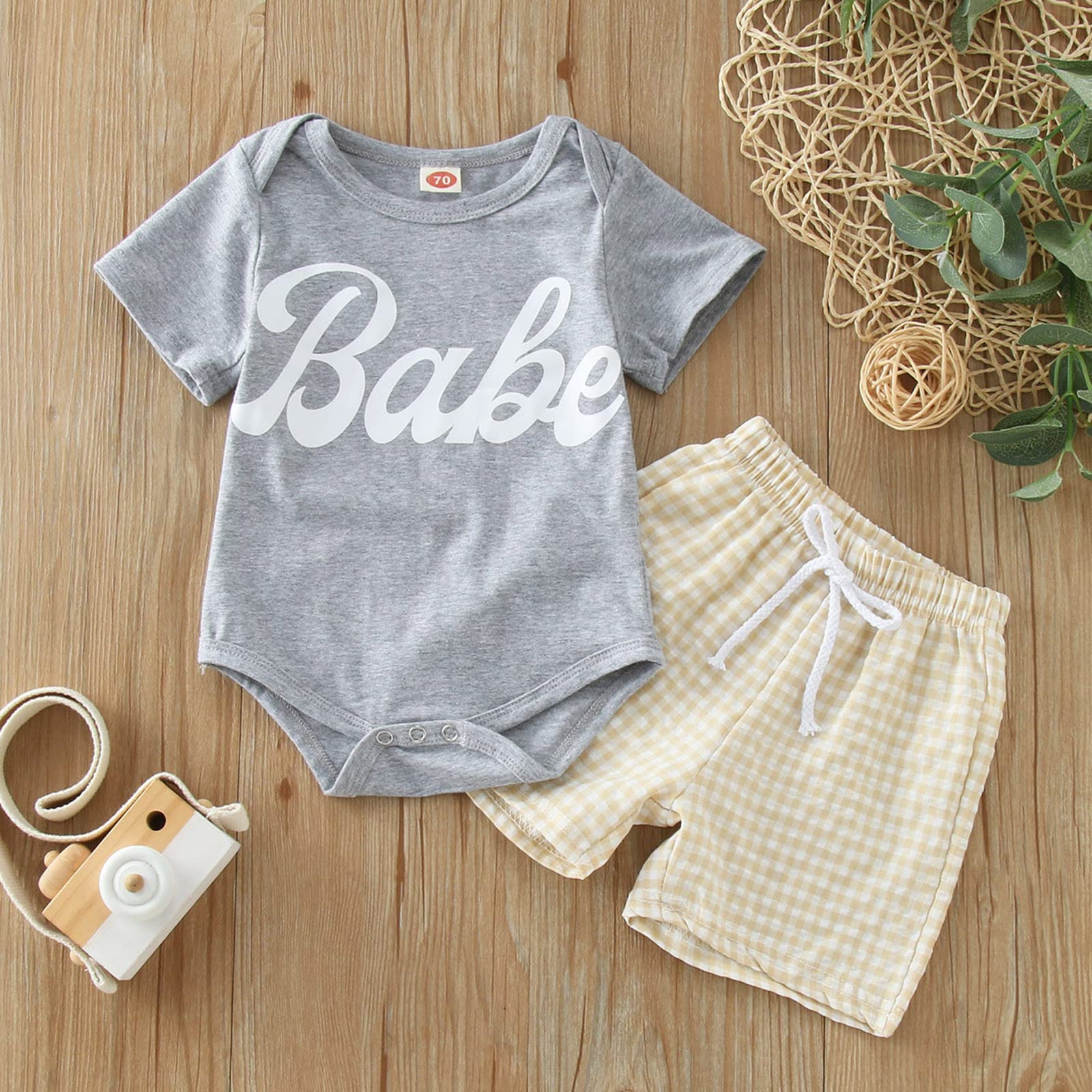 Baby Cotton Romper & Shorts Set - Newborn Infant Boys Girls Summer Outfit, Short Sleeve Letter Print Romper with Plaid Shorts - Perfect for Playtime, Beach & Family Photos
