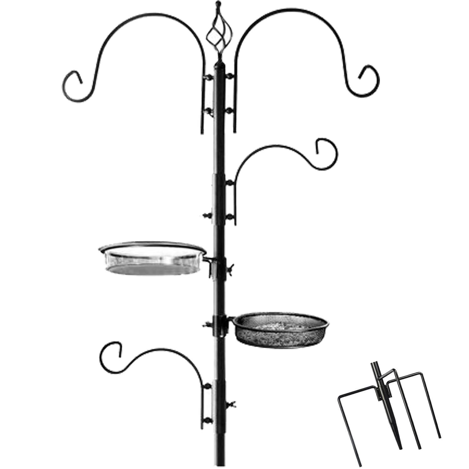 Ashman Deluxe 4-Pack Bird Feeding Station - Outdoor Bird Feeder Pole Stand Kit with 4 Hangers, Bird Bath & 3-Prong Base - Attracts Wild Birds (22