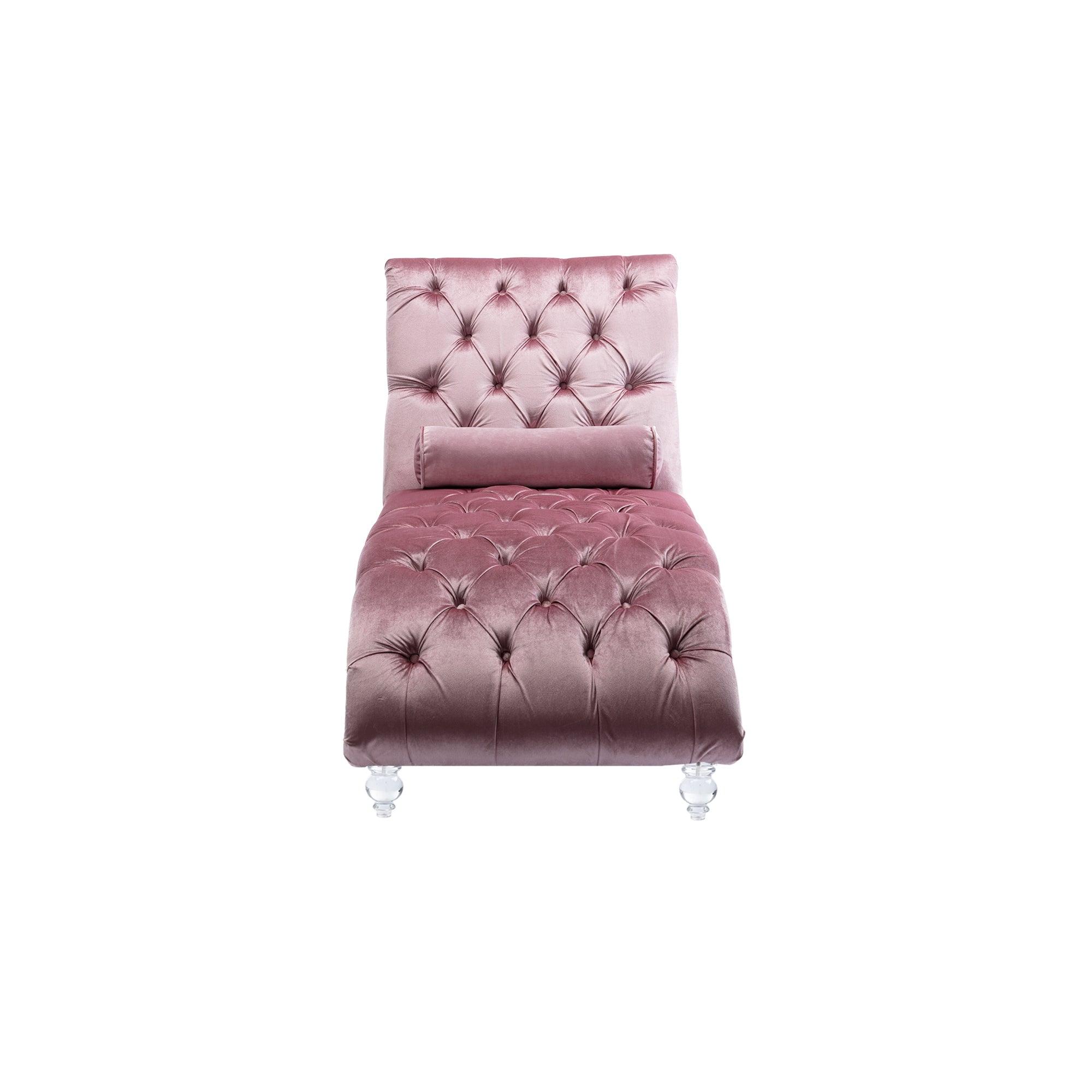 Luxury Velvet Chaise Lounge Chair - Button Tufted Upholstered Sofa with Pillow for Bedroom, Living Room & Office - Pink Velvet Chaise Lounge - Perfect for Reading Nook, Home Decor & Relaxation