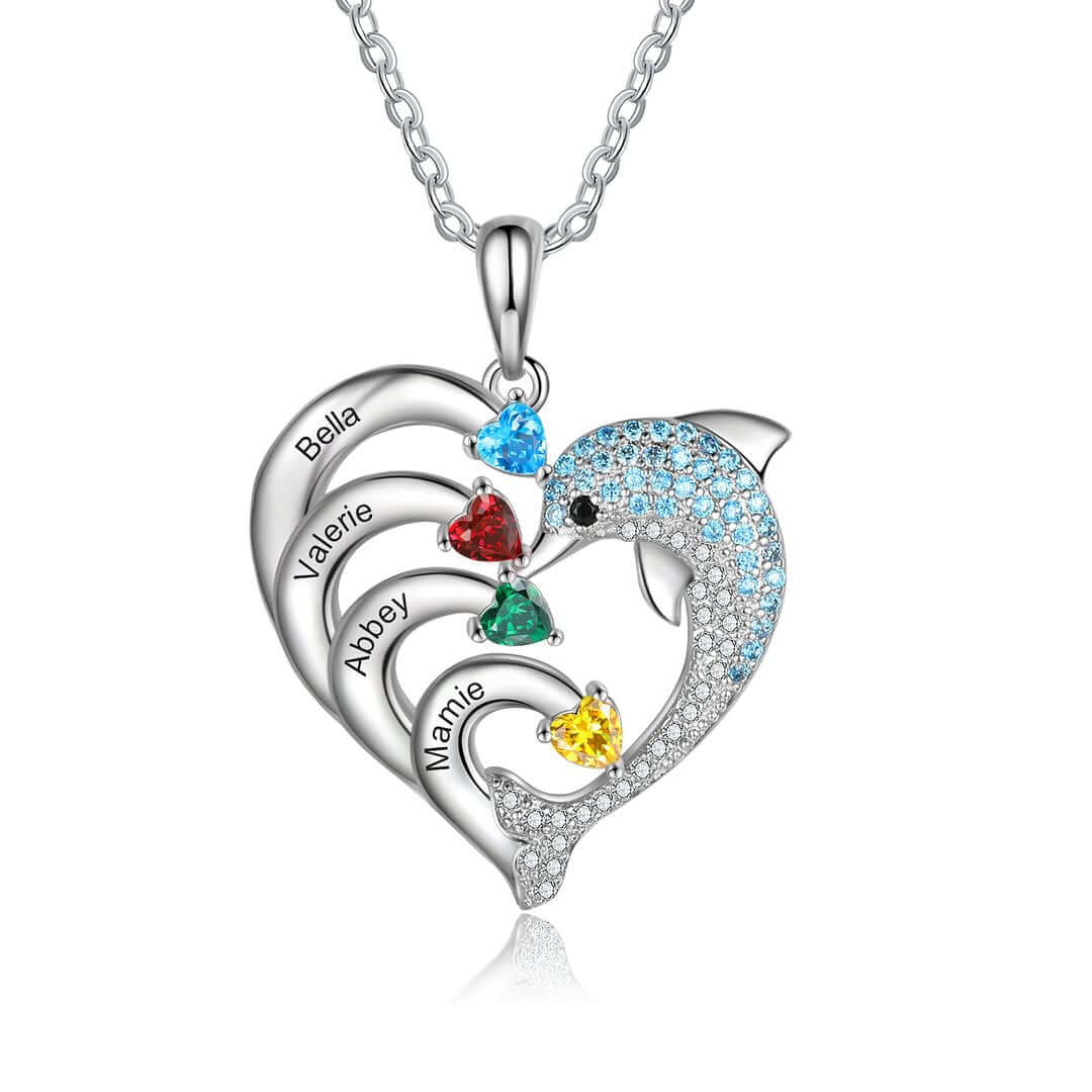Personalized Dolphin Heart Birthstone Necklace - Custom Name & Birthstone Jewelry for Women | H0001 | Perfect Gift for Birthday, Anniversary & Mother's Day
