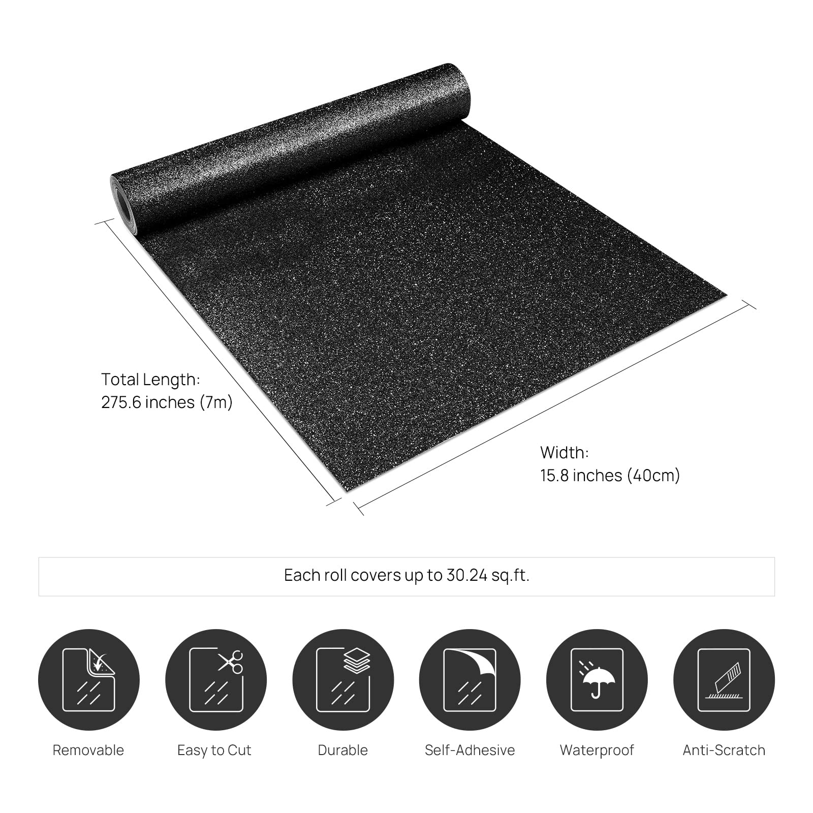 Stickyart 40CMx7M Black Peel and Stick Glitter Wallpaper - Self Adhesive Removable Sparkle Contact Paper for Cabinets, Dresser Drawers & DIY Crafts - Perfect for Home Decor, Bedroom Accent Walls & Party Backdrops