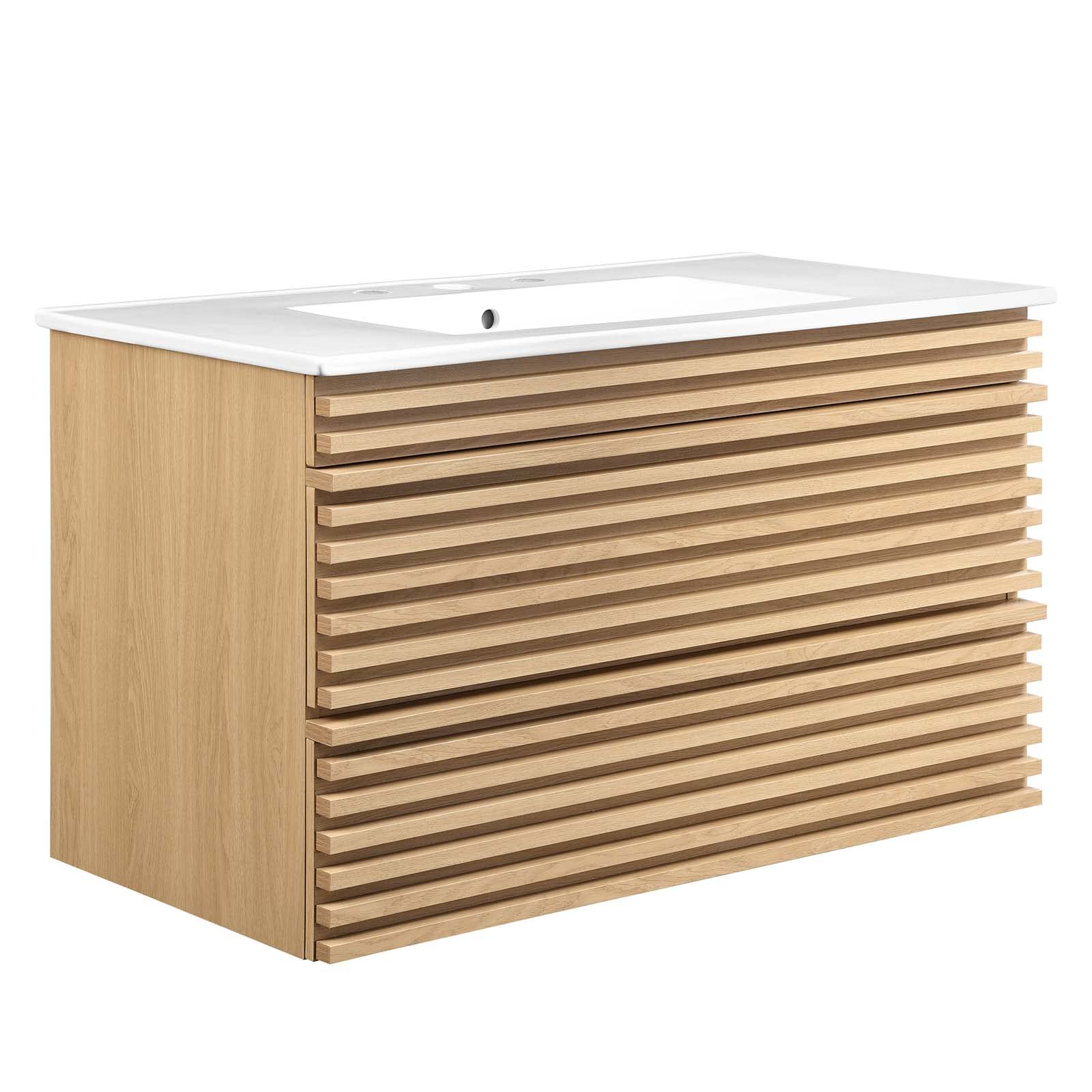 Modway Render 36 Inch Wall Mounted Bathroom Vanity - White Oak Finish for Modern Bathrooms, Small Spaces & Powder Rooms