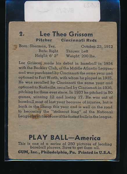 1939 Play Ball Baseball Card #10523 - Lee Grissom (G) - Vintage Sports Memorabilia for Collectors & Fans | Perfect for Display, Trading, and Sports History Enthusiasts
