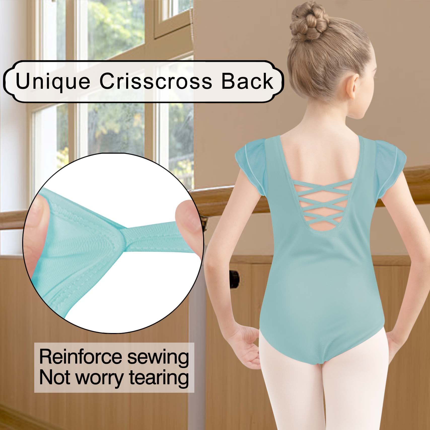 MOLLDAN Girls Ballet Leotard with Criss Cross Back - Short Sleeve Dance Leotards for Ballet, Jazz, Gymnastics & Performance - Comfortable & Stretchy for Kids Dance Classes & Recitals