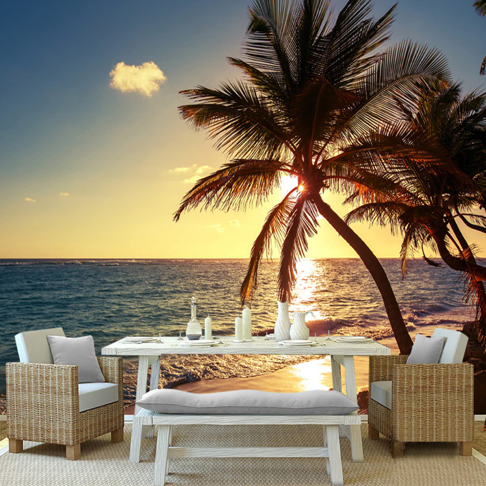 3D Sunset Sea Island Wall Mural with Coconut Trees & Clouds - Waterproof Peel & Stick Wallpaper (169.3x118.2 inches) for Preschools, Daycare Centers, Kids Rooms & Beach-Themed Decor