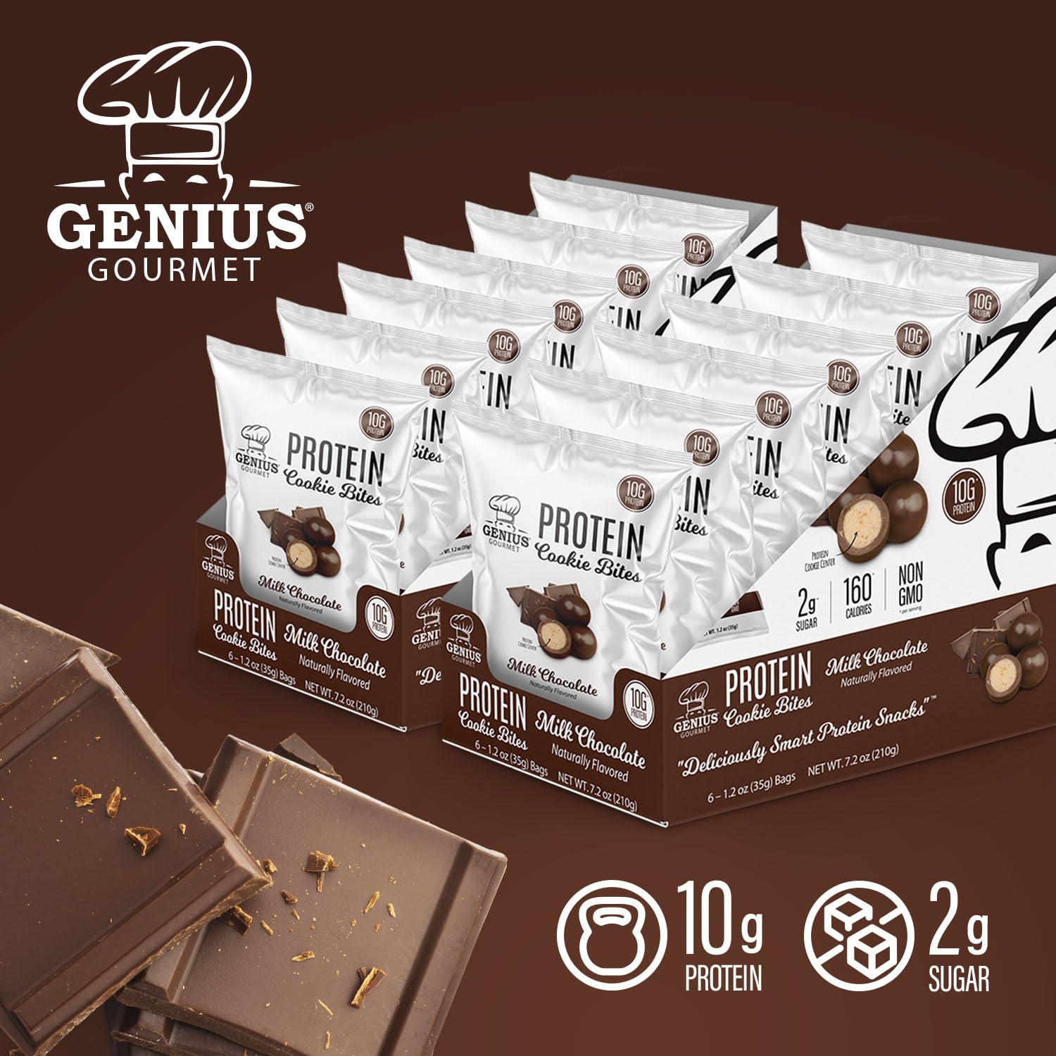Genius Gourmet Protein Cookie Bites Milk Chocolate - 10g Protein, No Added Sugar, Low Carb, Non-GMO - Healthy Protein Snacks for Adults & Kids - 12 Pack (Perfect for Workouts, School Lunches & On-the-Go Snacking)