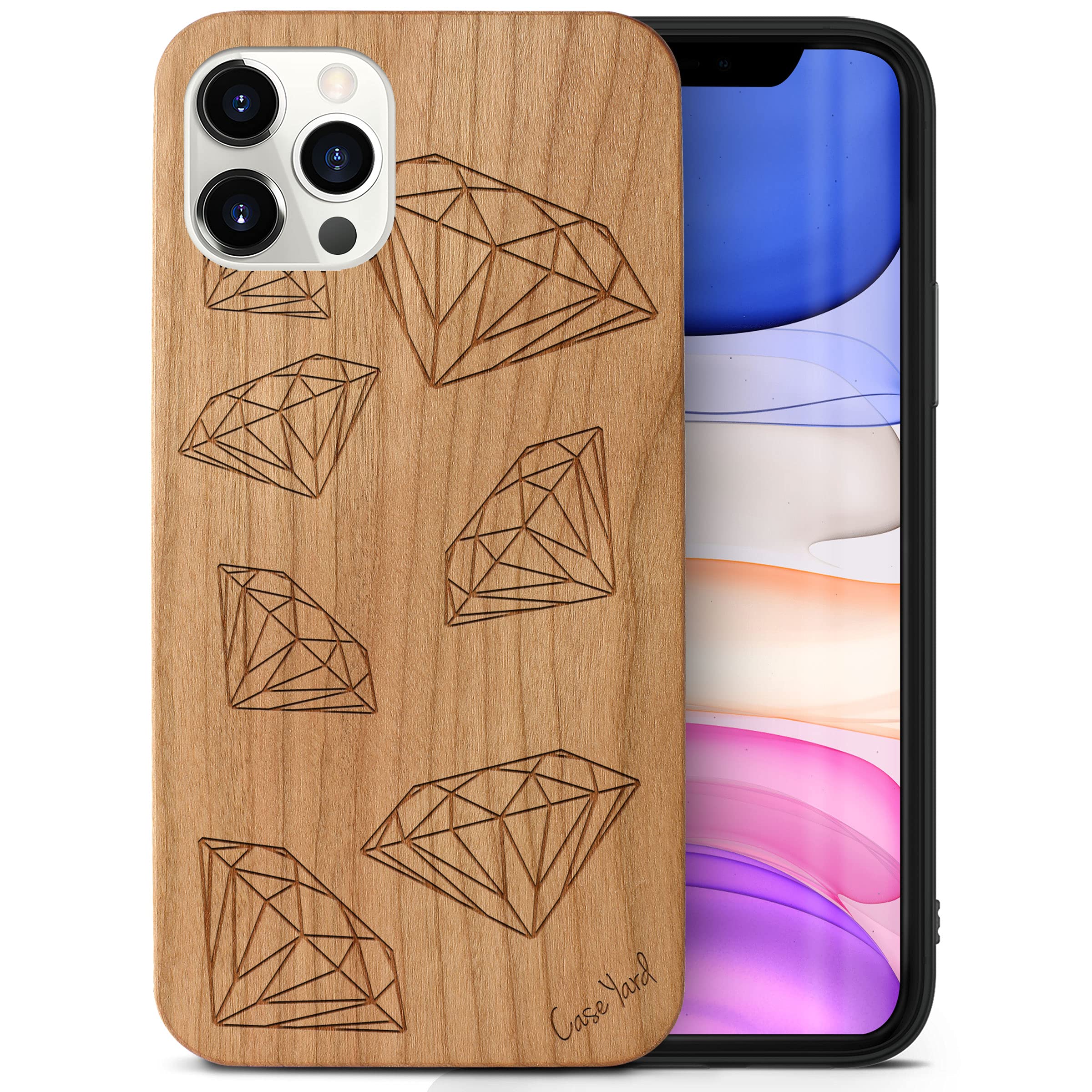 CaseYard Wood Phone Case for iPhone 12 Pro Max - Laser Engraved Diamond Design Cherry Wood Cover | Shockproof Slim Fit Protective Case for Men & Women | Perfect for Daily Use, Travel & Gift Giving