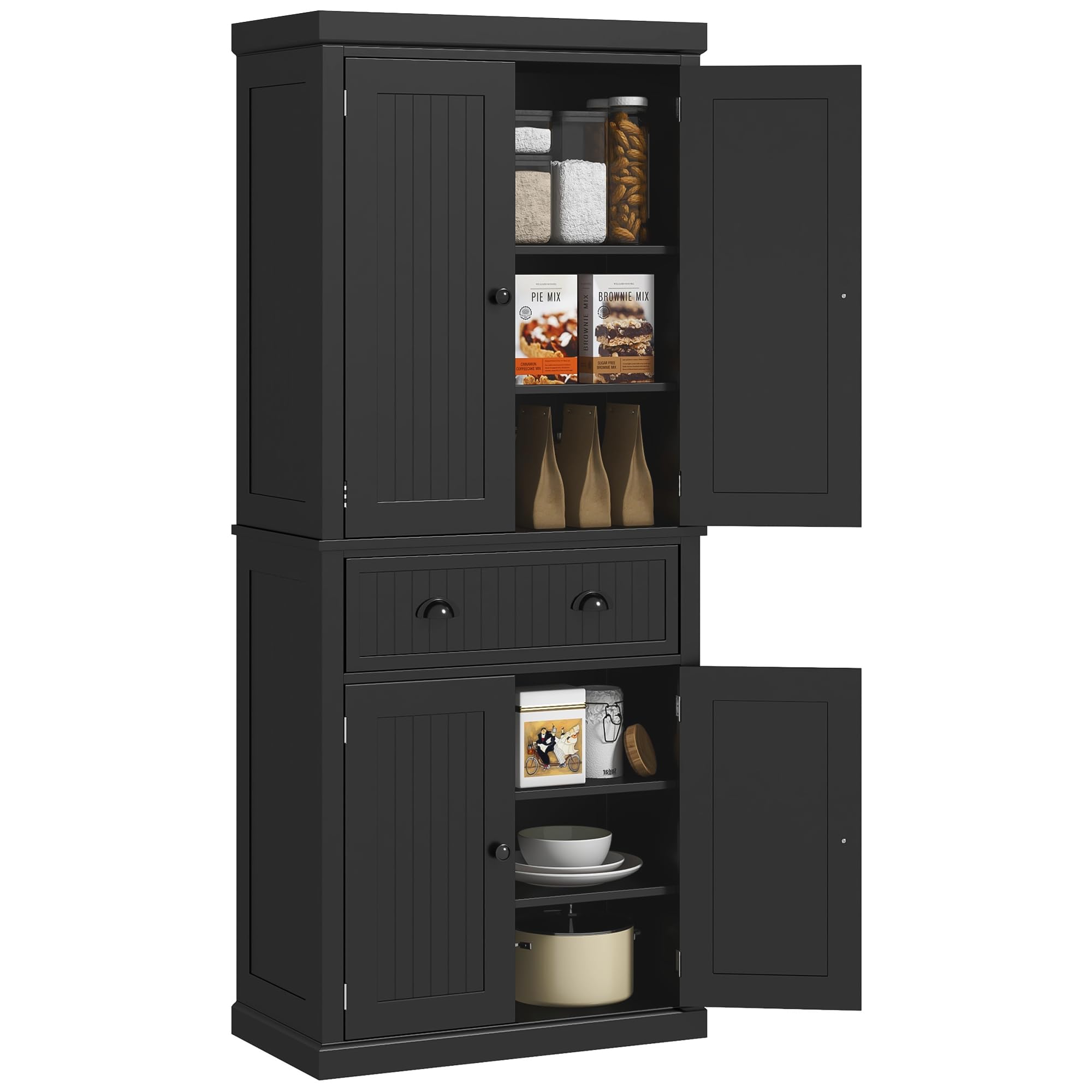HOMCOM 72 Inch Traditional Kitchen Pantry Cabinet - Freestanding Tall Storage Cabinet with 4 Doors, Drawer & 3 Adjustable Shelves - Black - Perfect for Dining Room, Kitchen, or Pantry Organization