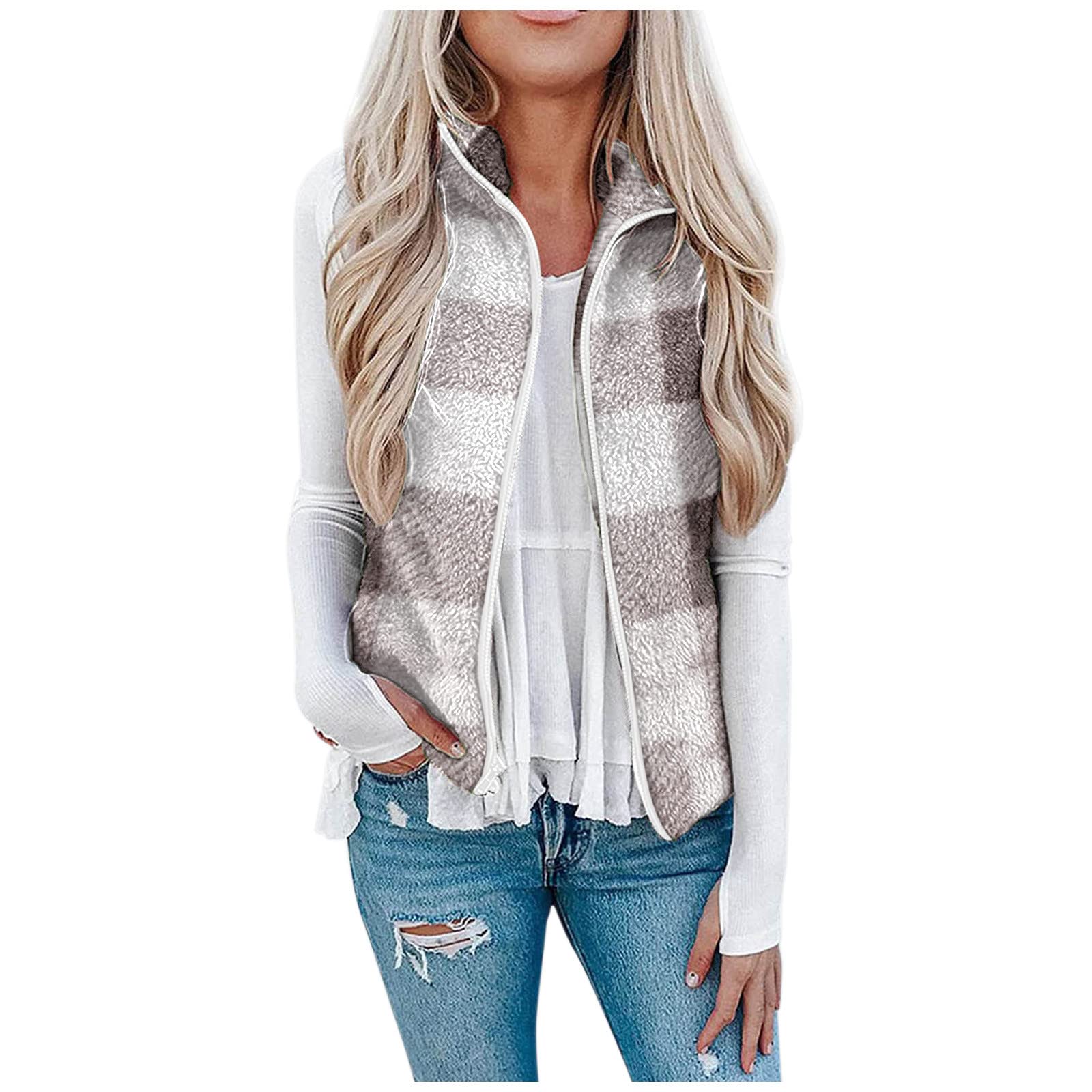 Lightweight Zip Jacket for Women - Fashionable Plush Sleeveless Vest with Pockets & Zipper Print - Perfect for Casual Outings, Layering, and Office Wear