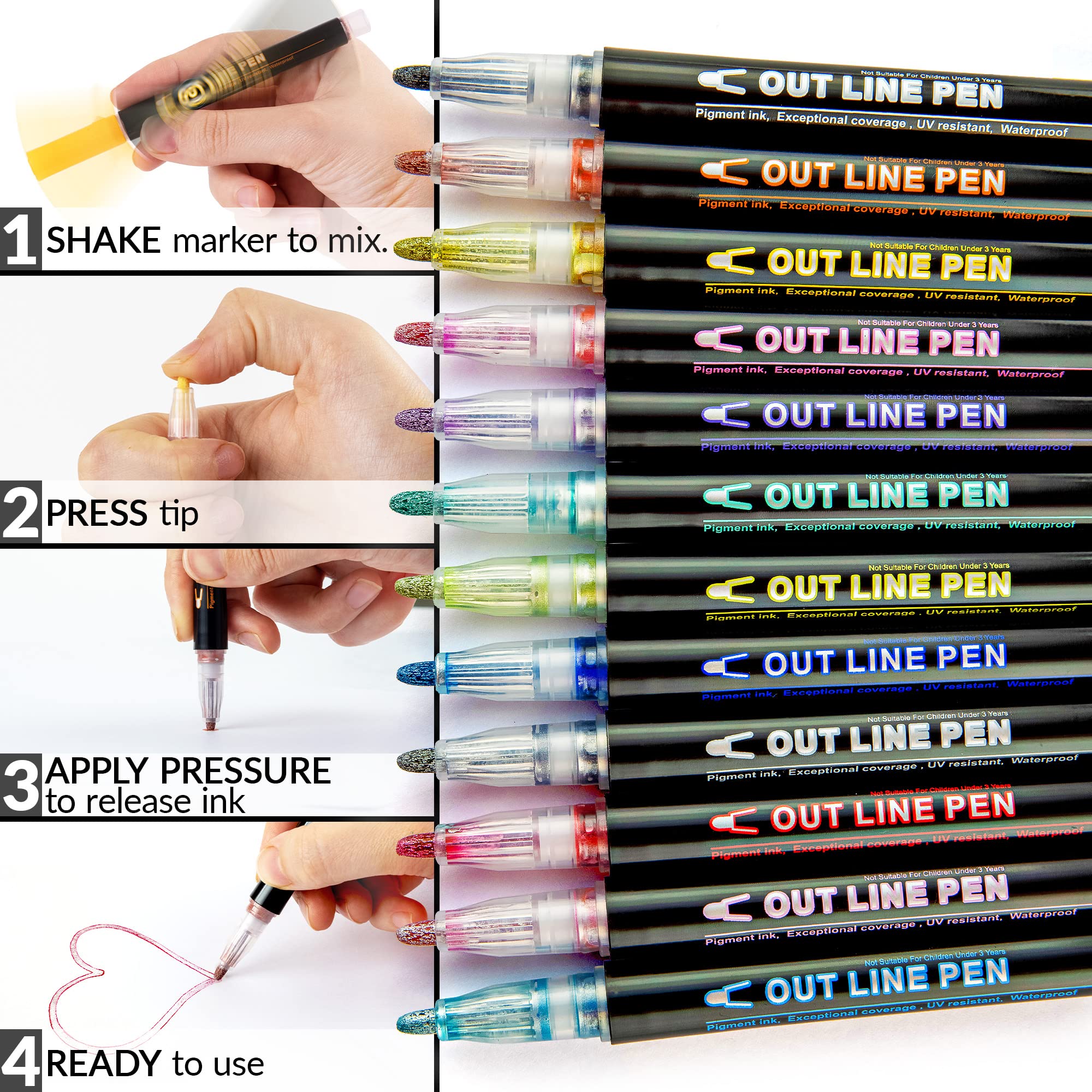 Double Line Outline Markers Set of 12 - Dual Tip Metallic Glitter Pens for Card Making, Scrapbooking, DIY Art Projects, Sketching & Doodle Drawing - Perfect for Gift Wrapping, Journaling, Bullet Notes & Creative Crafting