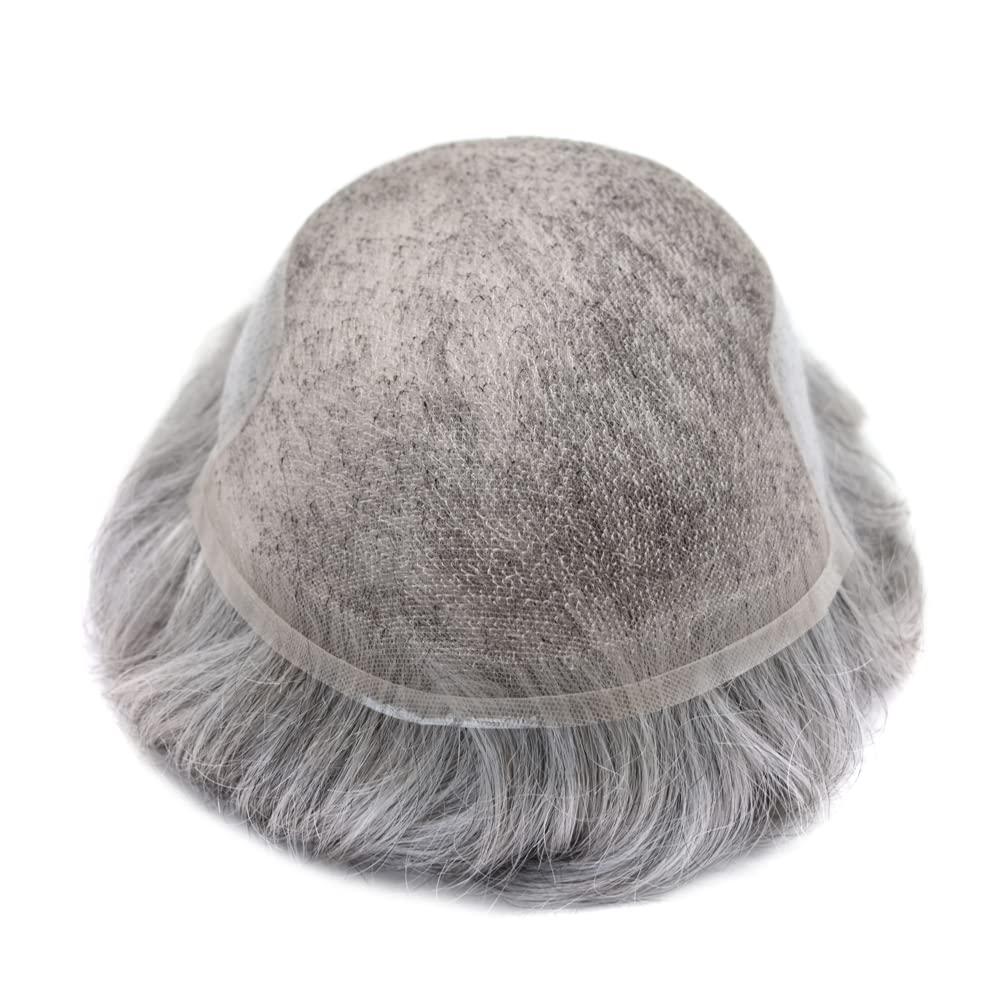 Men's Swiss Lace Toupee - 100% Human Hair Replacement System with PU Bleached Knots & Natural Hairline | 8''x10'' Light Medium Density Wig in 1B80# Natural Black with 80% Gray | Perfect for Hair Loss Solutions, Daily Wear & Special Occasions - SINGA HAIR