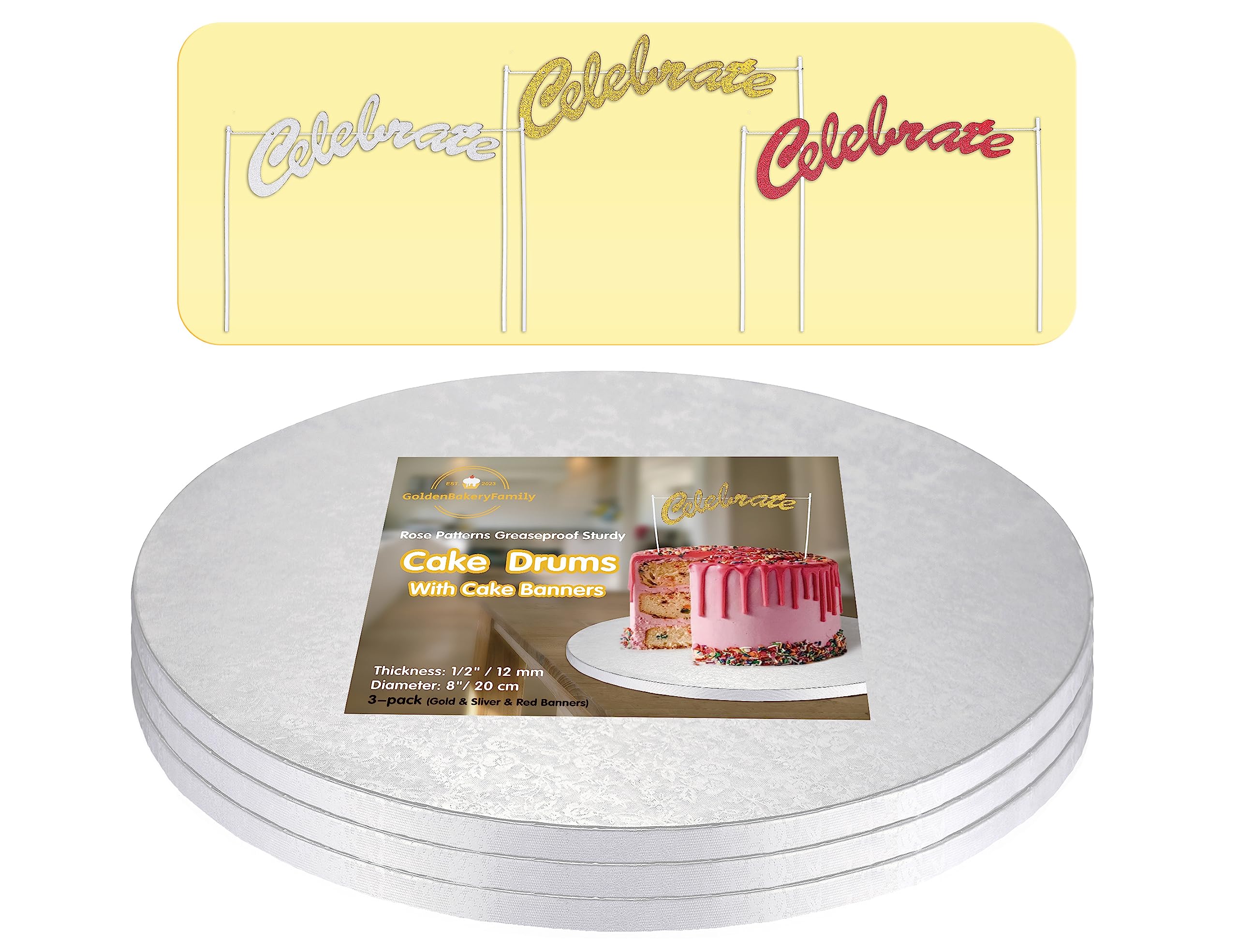 8 Inch Round White Cake Drums with Banner Topper - 3-Pack 1/2 Inch Thick Greaseproof Cake Boards for Birthday, Wedding & Party Cakes - Sturdy Multi-Tiered Cake Base by GoldenBakeryFamily - Perfect for Professional Baking, Dessert Displays & Special Occasions