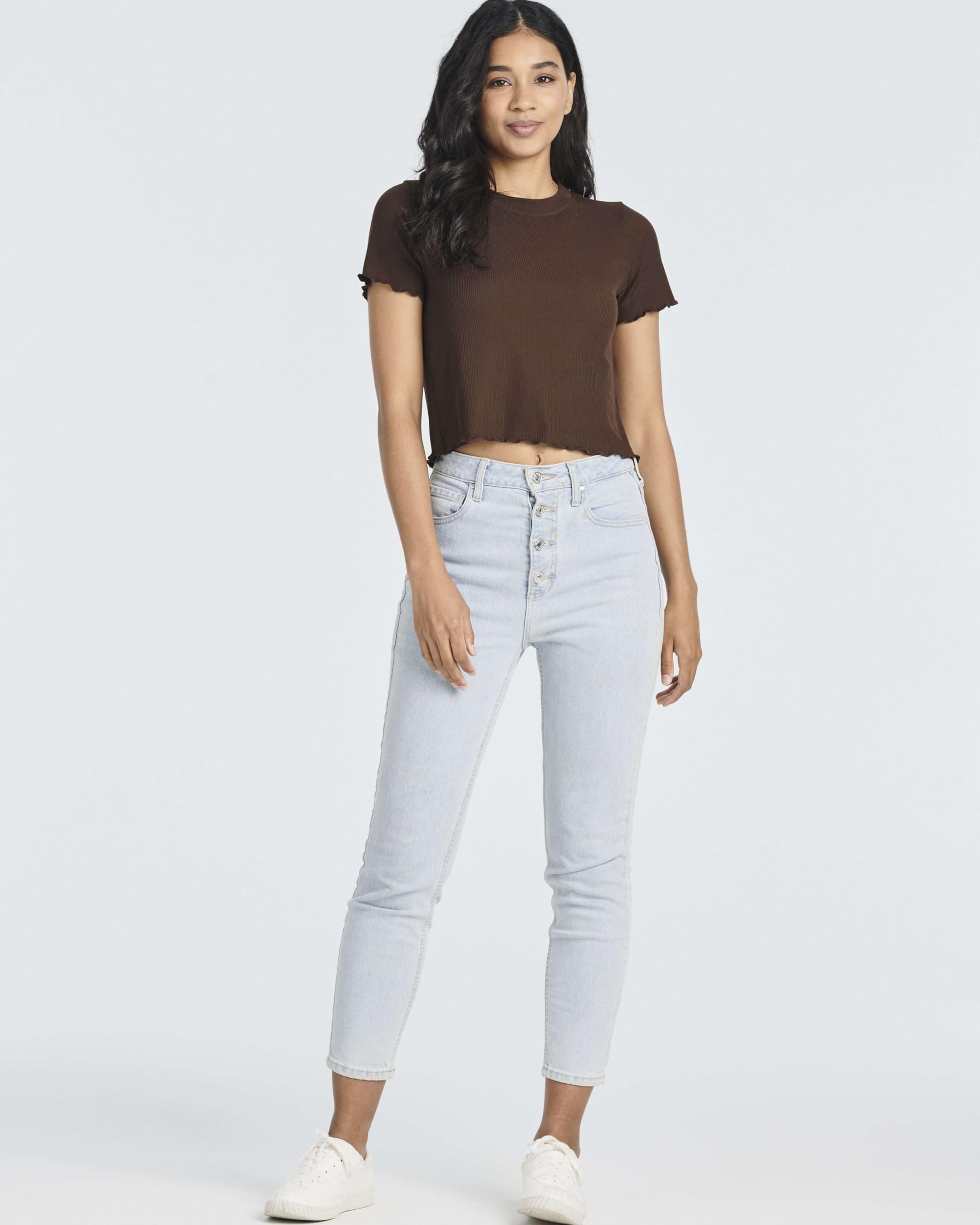 Real Essentials 4 Pack Women's Lettuce Trim Ribbed Knit Short Sleeve Crop Tops - Casual Summer Shirts for Going Out, Beach, Yoga & Everyday Wear