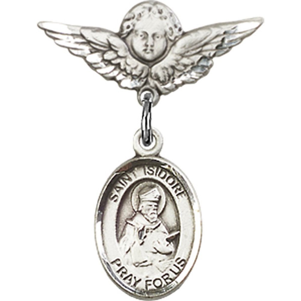 St. Isidore of Seville Sterling Silver Baby Badge with Angel Wing Charm - 7/8