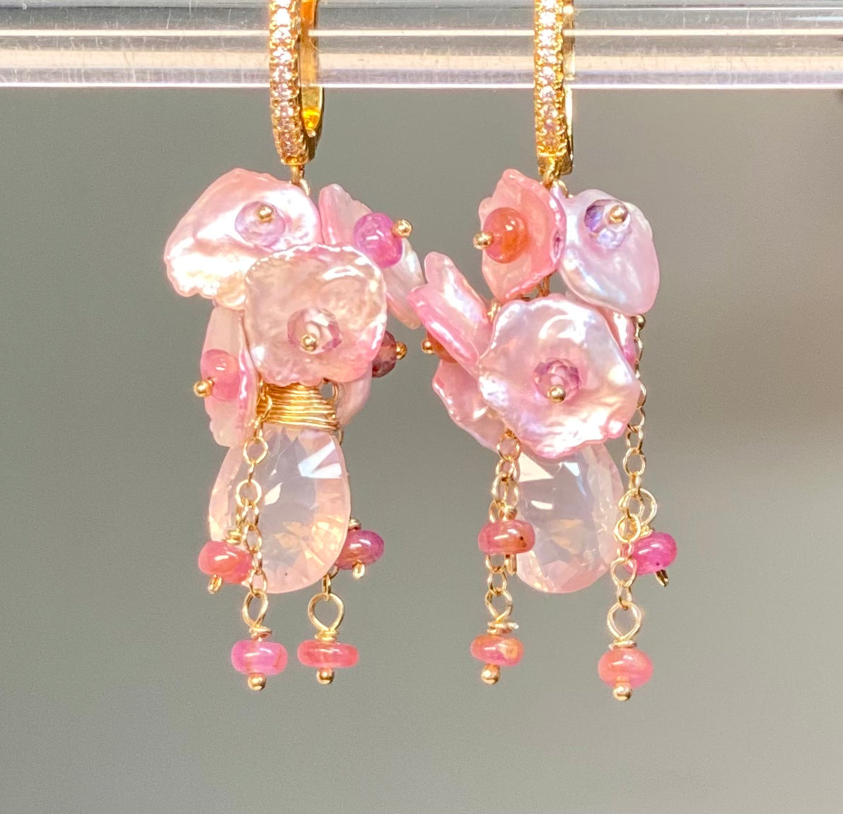 Rose Quartz Pink Keishi Pearl Cluster Earrings – Dainty Boho Jewelry for Women, Gift for Her, Wedding, Party & Everyday Wear