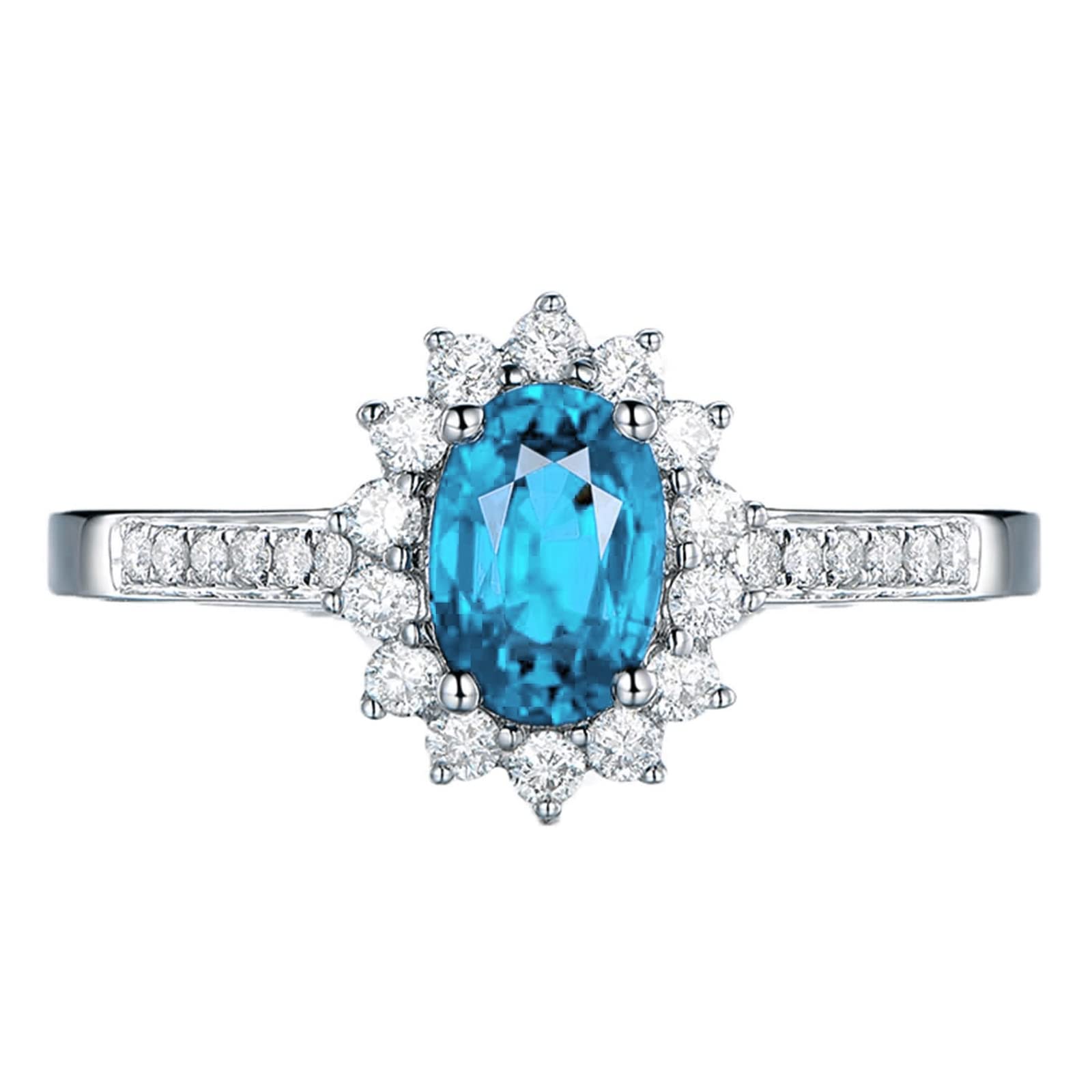 Gualiy Sterling Silver Cubic Zirconia Rings - Elegant Flower Design with Oval Ocean Blue CZ Stones, Promise & Wedding Rings Available in Sizes 4-11 | Perfect for Engagements, Anniversaries & Special Occasions