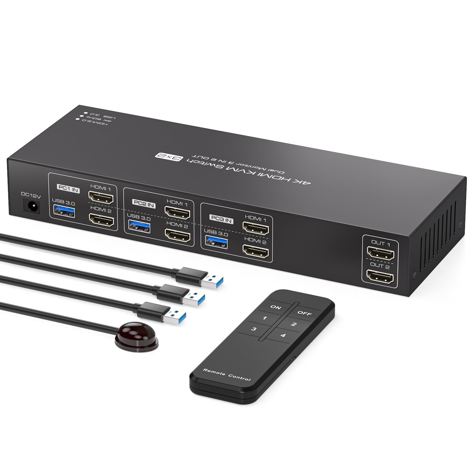 PVBCTCSID 4K60Hz HDMI KVM Switch - 3 Computers to 2 Monitors with EDID, USB 3.0 Hub & Remote Control | Perfect for Multi-PC Workstations, Gaming Setups & Office Environments