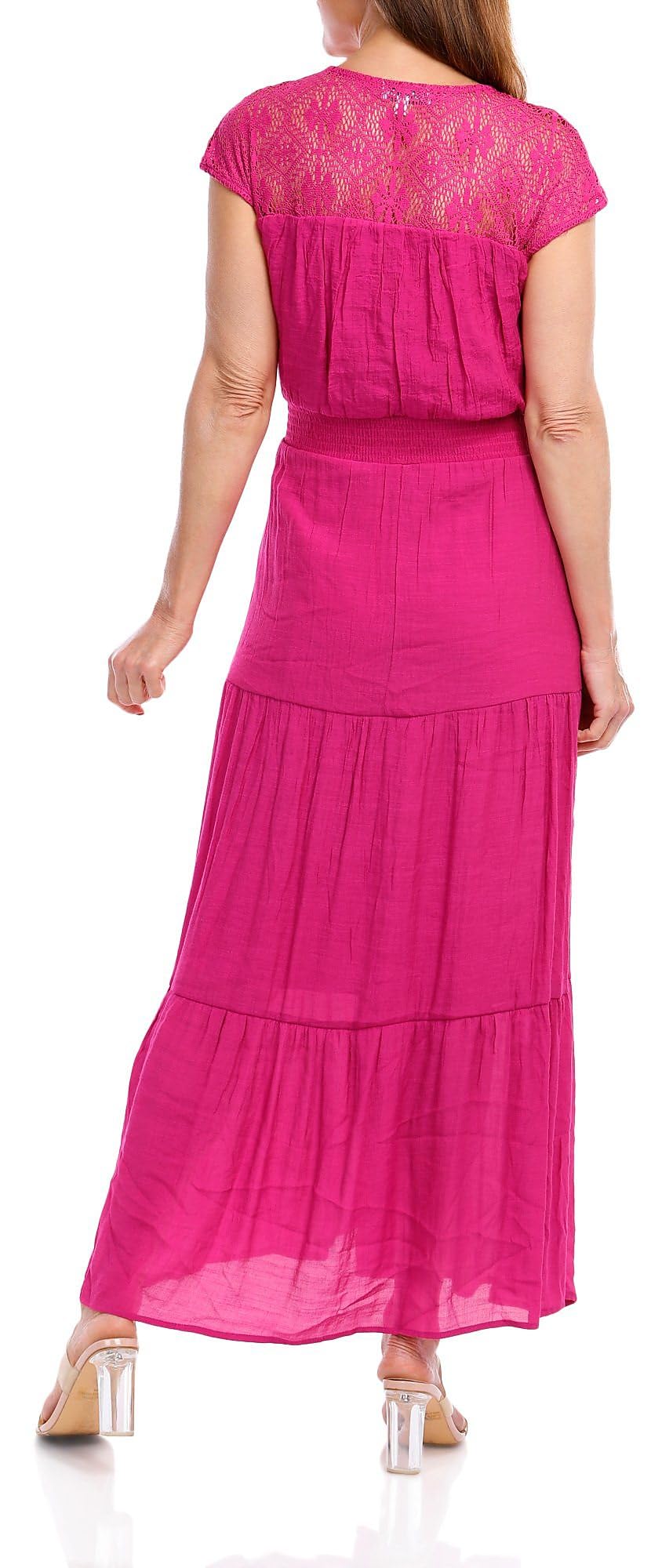 Women's Crochet Shoulder Sleeve Dress - Medium Size, Soft Pink | Boho Summer Beach Dress, Casual Party Outfit, Vacation Wear