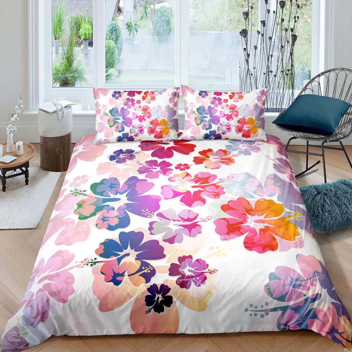 Erosebridal Exotic Floral Island Print Bedding Set for Kids Girls Teens - Twin Size Hawaiian Style Comforter Cover with Zipper, Colorful Bloom Soft Duvet Cover & Pillow Sham (2-Piece Set) - Perfect for Tropical Themed Bedrooms, Vacation Homes & Summer Decor