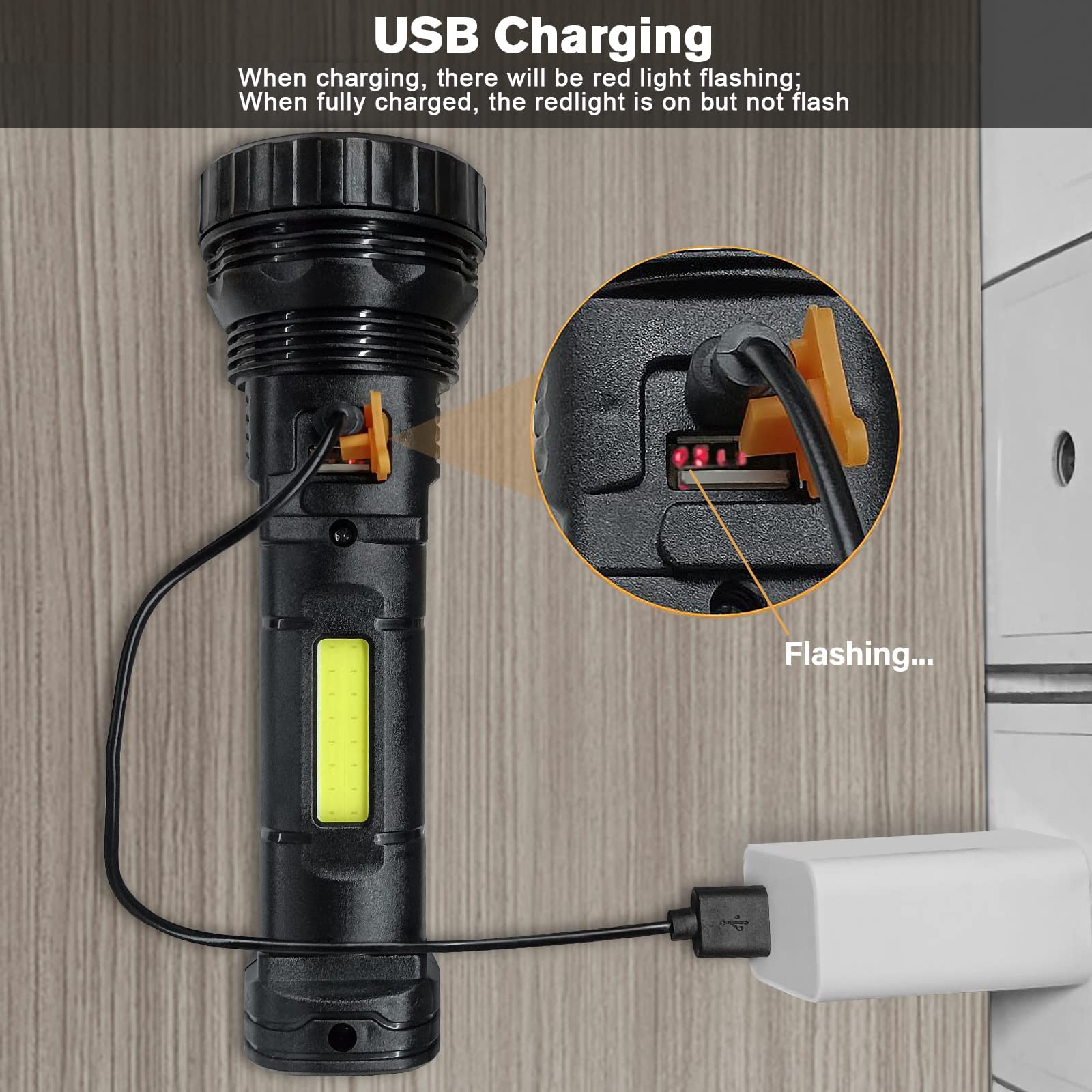**1000 Lumens Solar/Rechargeable LED Flashlight with Emergency Strobe Light, 1200mAh Battery & USB Charging Cable – Fast Charging, Portable Power Supply for Camping, Hiking & Emergency Preparedness**