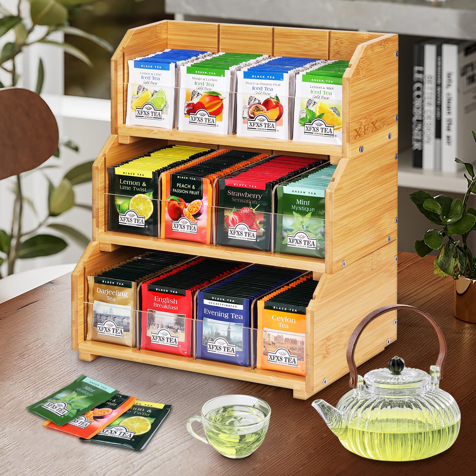 Premium 3-Tier Stackable Bamboo Tea Box Organizer - 12 Compartments Natural Wood & Acrylic Storage for Tea Bags, Coffee Pods & Spices - Perfect for Kitchen Countertop, Cabinet or Pantry Organization