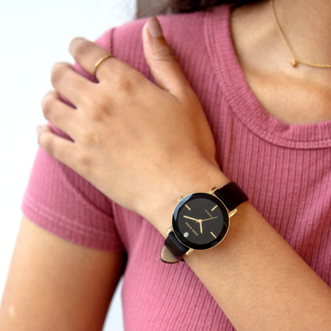 Anne Klein Women's Genuine Diamond Dial Gold-Tone & Black Leather Strap Watch - Elegant Dress Watch for Business, Party & Everyday Wear
